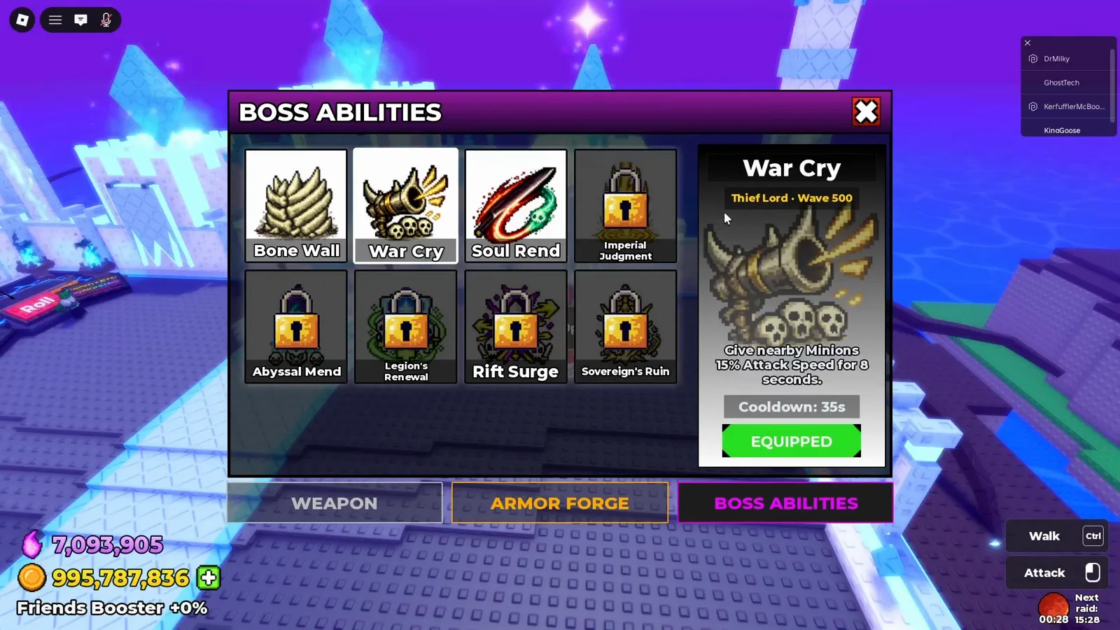 Be The Final Boss Boss Abilities menu with Abyssal Mend, Legion’s Renewal and Rift Surge still locked while the War Cry tooltip shows its Wave 500 unlock and 15 percent attack speed buff