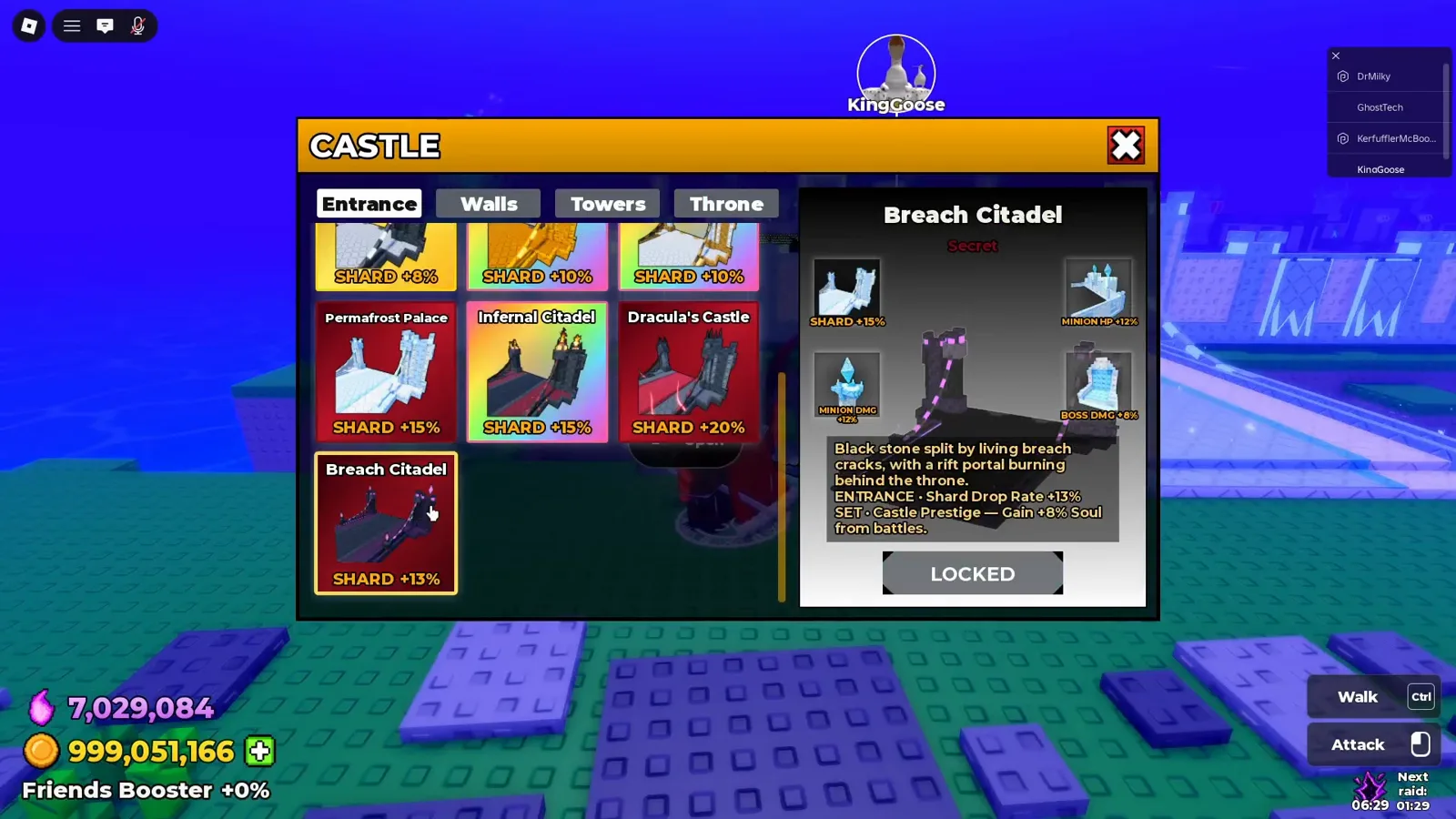 Be The Final Boss castle menu showing the locked Breach Citadel secret skin with 13 percent shard drop rate next to Permafrost Palace at 15 and Dracula’s Castle at 20 percent