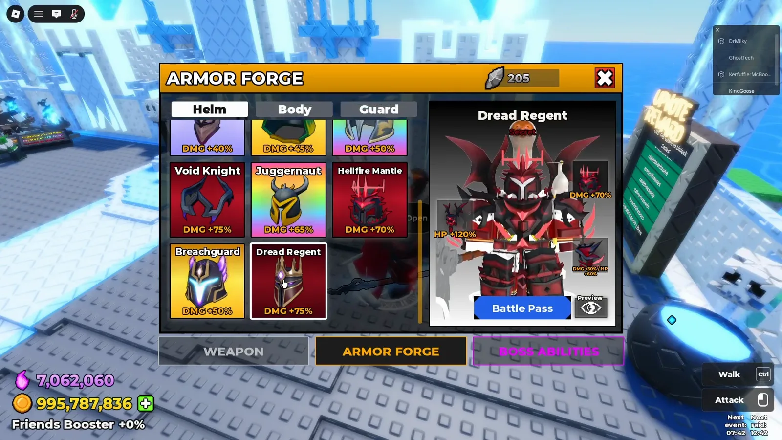 Be The Final Boss Armor Forge comparing the event pass Dread Regent helm at 75 percent damage with Void Knight while the preview links the set to the Battle Pass next to a dust balance of 205