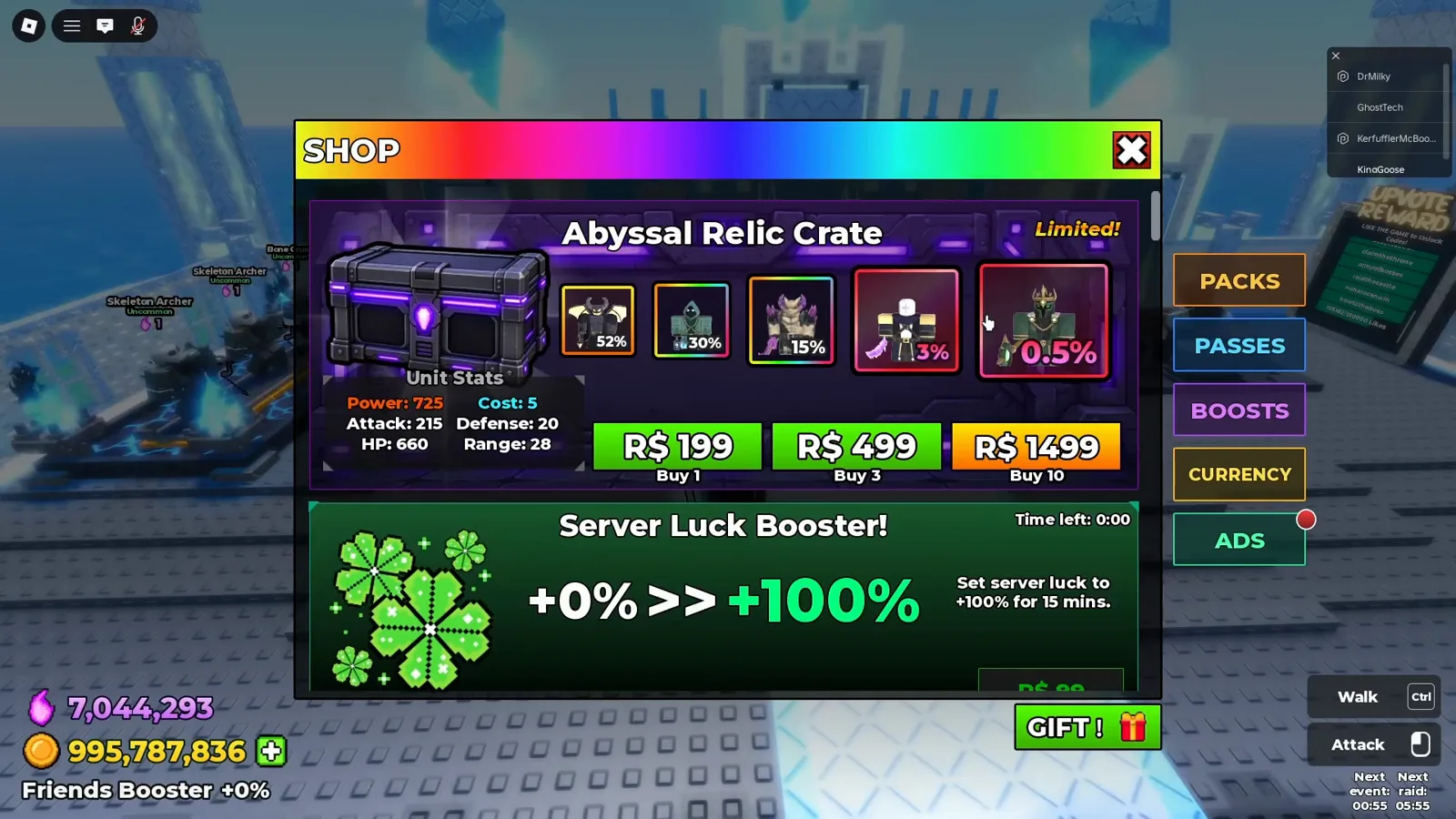 Be The Final Boss shop screen pricing the limited Abyssal Relic Crate at R$199 for one, R$499 for three and R$1,499 for ten with drop rates from 52 down to 0.5 percent