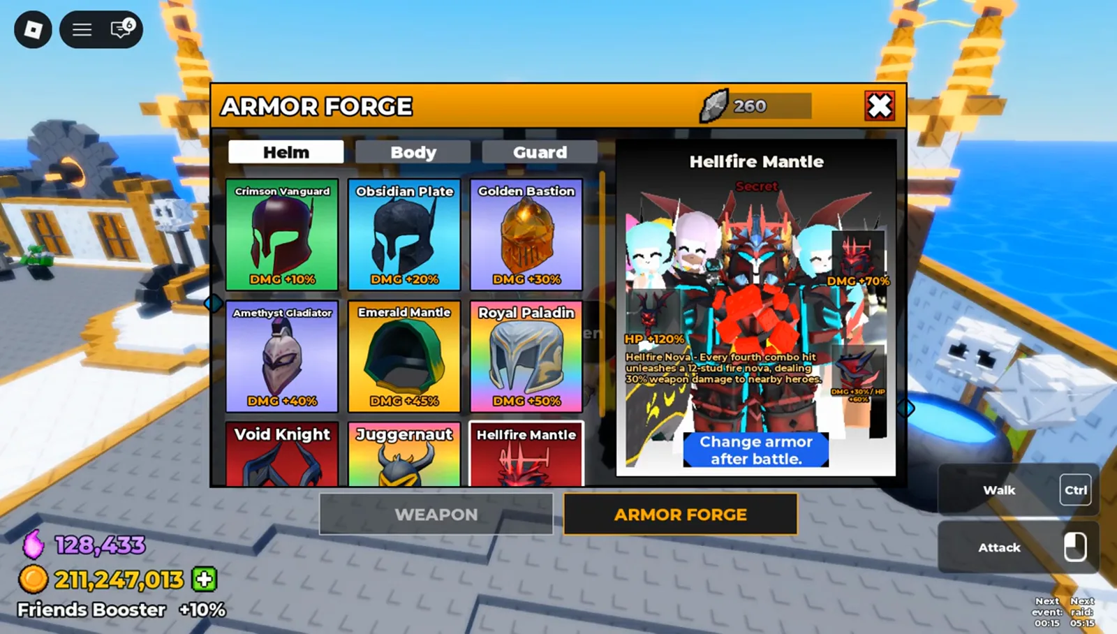 Hellfire Mantle selected in the Be The Final Boss Armor Forge detail card showing its Secret rarity, stat bonuses, Hellfire Nova text and Change armor after battle button Hellfire Mantle selected in the Be The Final Boss Armor Forge detail card showing its Secret rarity, stat bonuses, Hellfire Nova text and Change armor after battle button