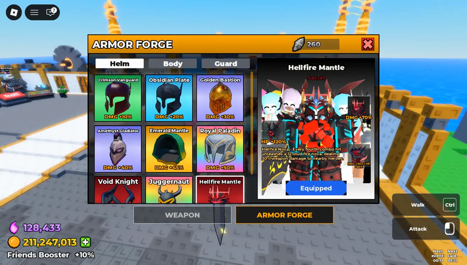 Armor Forge spot in Be The Final Boss where the Hellfire Mantle card reads Equipped in its blue button once the wave run has ended Armor Forge spot in Be The Final Boss where the Hellfire Mantle card reads Equipped in its blue button once the wave run has ended