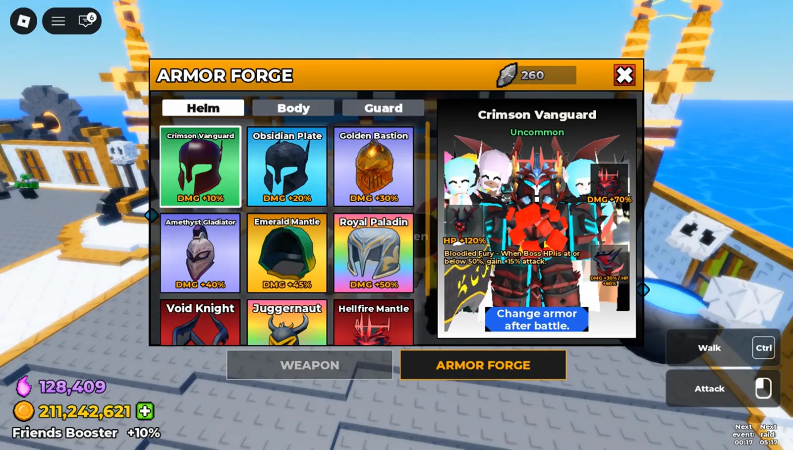 ARMOR FORGE panel in Be The Final Boss listing nine helmets under the Helm tab with a 260 counter on a grey stone icon in the header ARMOR FORGE panel in Be The Final Boss listing nine helmets under the Helm tab with a 260 counter on a grey stone icon in the header