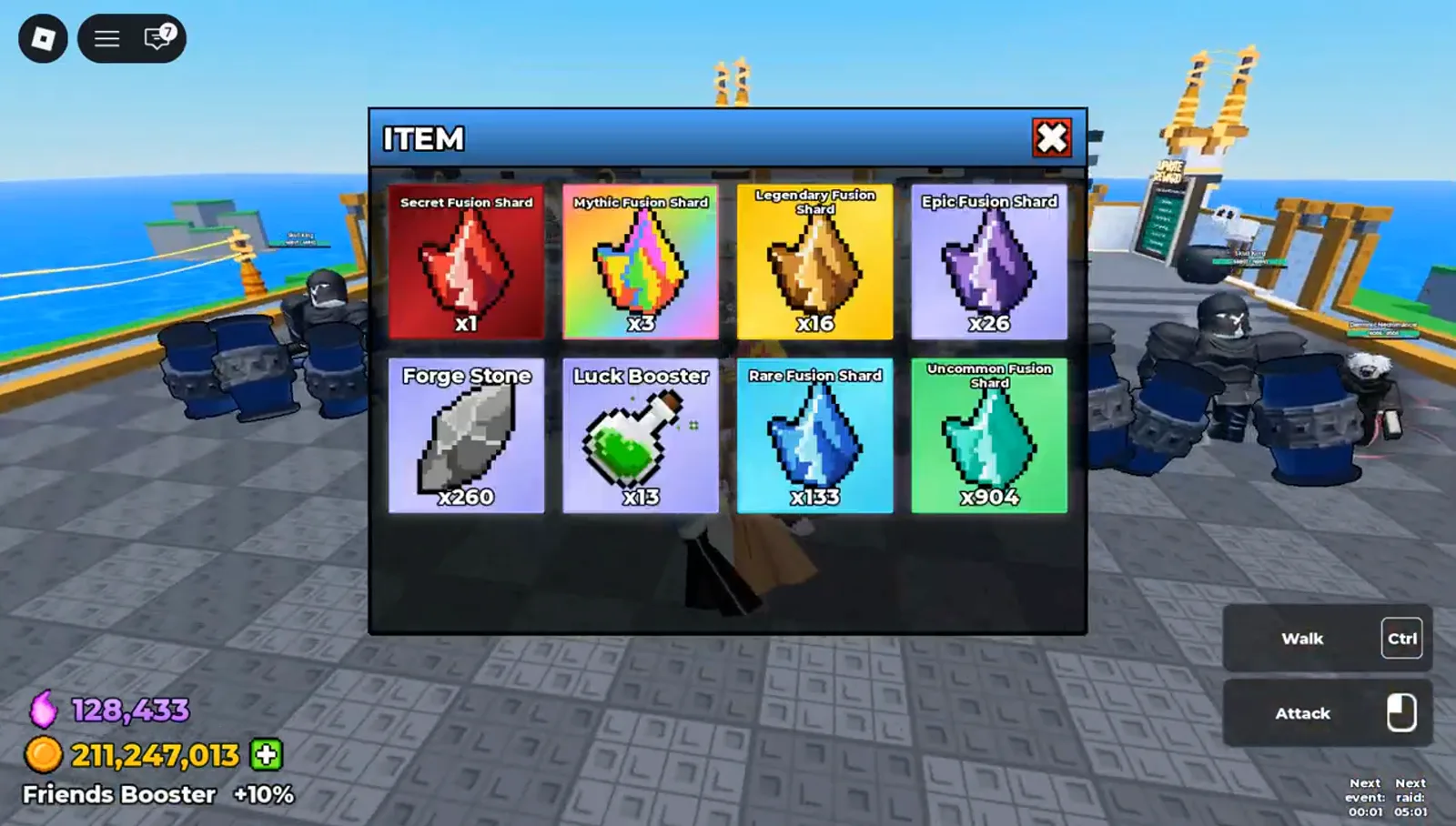Forge Stone x260 tile inside the Be The Final Boss ITEM inventory grid, the same grey stone icon the Armor Forge header counts Forge Stone x260 tile inside the Be The Final Boss ITEM inventory grid, the same grey stone icon the Armor Forge header counts