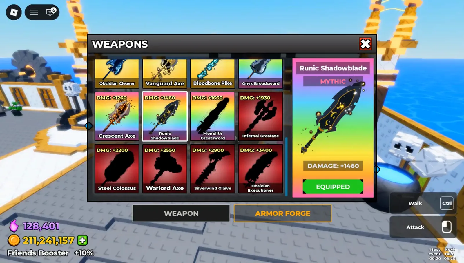 Be The Final Boss inventory panel open on WEAPONS with the ARMOR FORGE tab highlighted along the bottom edge beside WEAPON Be The Final Boss inventory panel open on WEAPONS with the ARMOR FORGE tab highlighted along the bottom edge beside WEAPON