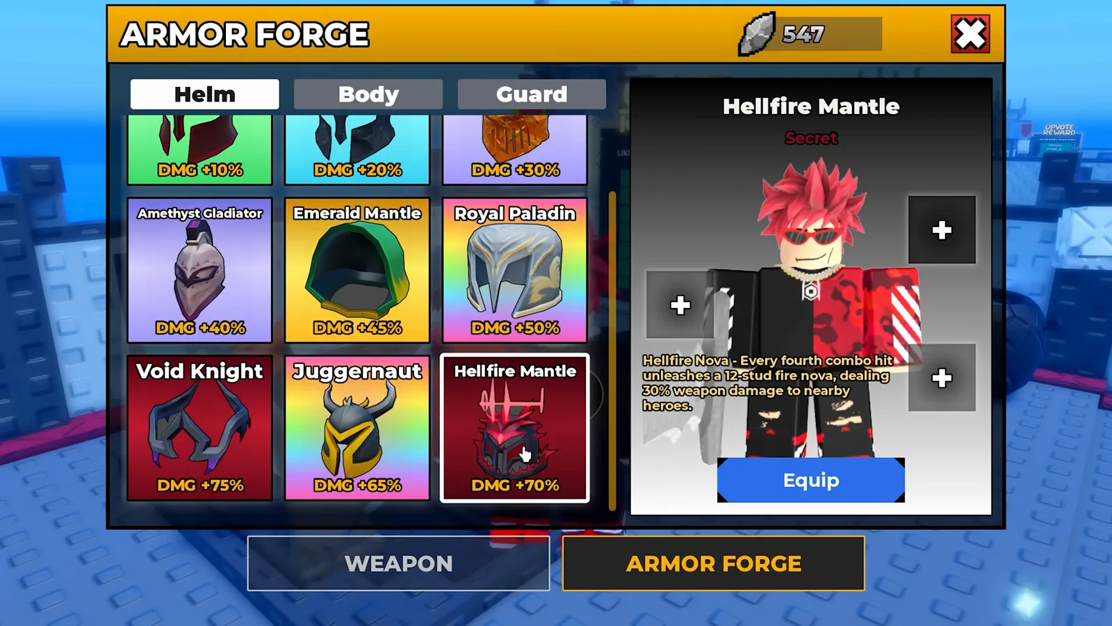 Be The Final Boss Armor Forge menu with Helm, Body, and Guard tabs showing Forge Stone armor pieces