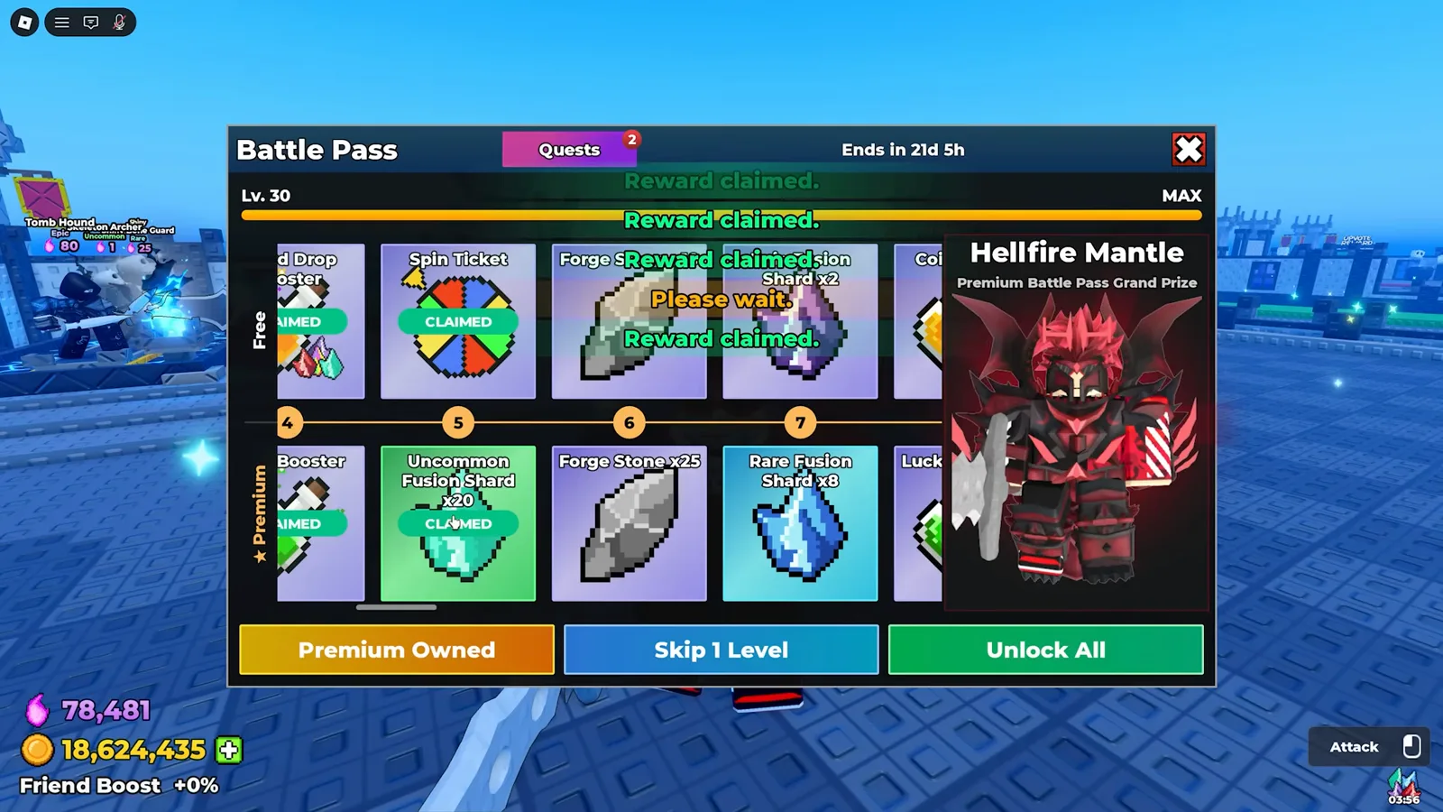 Be The Final Boss Battle Pass screen showing Hellfire Mantle as the level 30 Premium Grand Prize reward