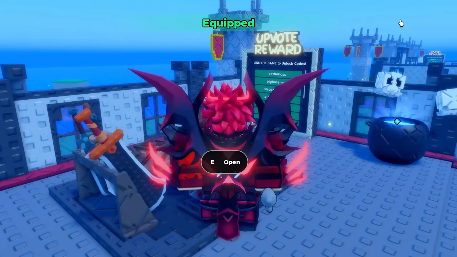 Be The Final Boss player avatar wearing the complete Hellfire Mantle armor set after equipping all three pieces