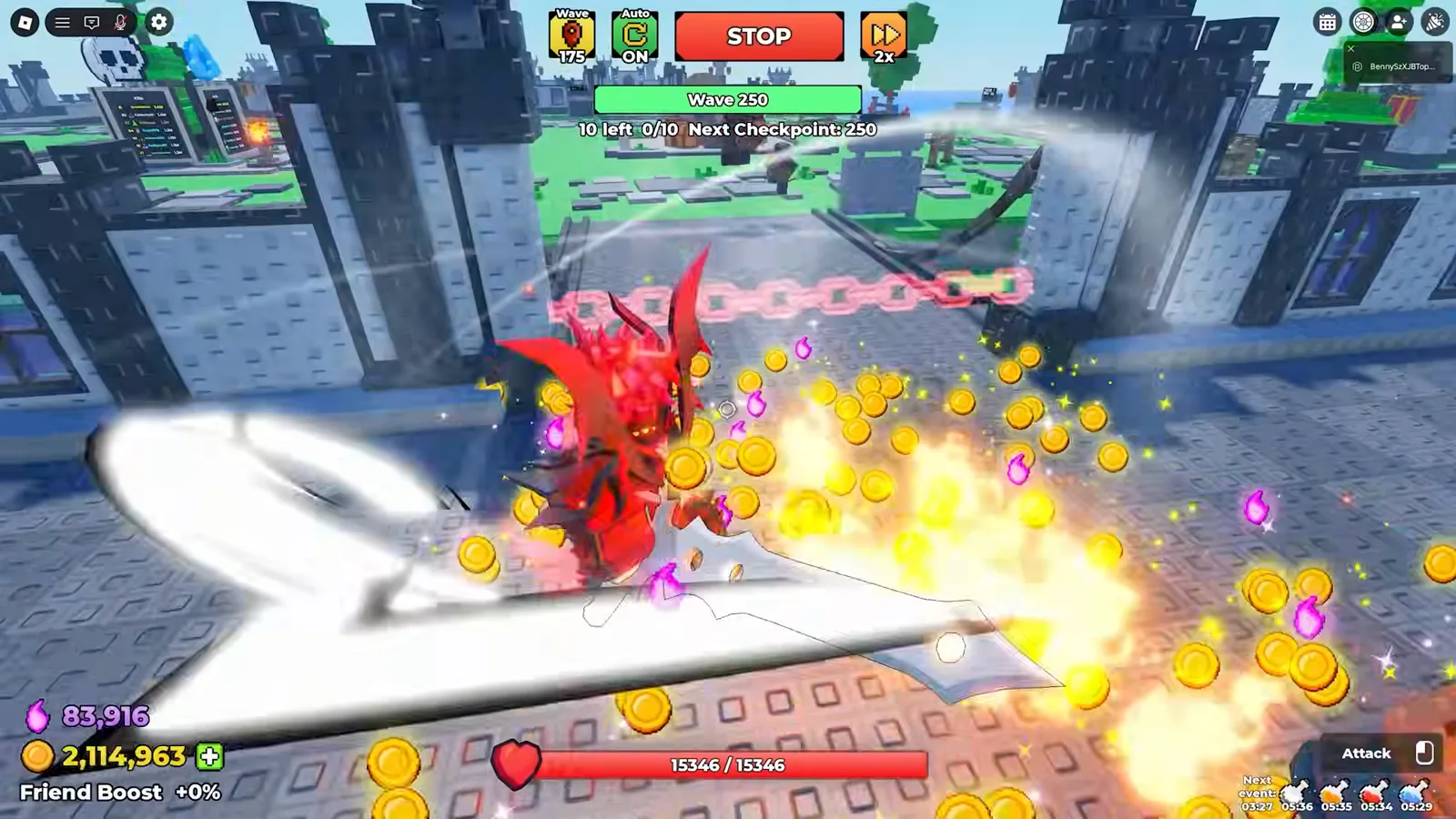 Be The Final Boss player in Hellfire Mantle armor triggering a fire nova explosion during a late-game hero wave