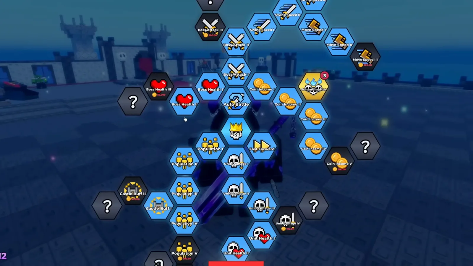 Be The Final Boss skill tree grid with boss health hearts, boss attack swords, and coin income hexes unlocked between locked question mark nodes