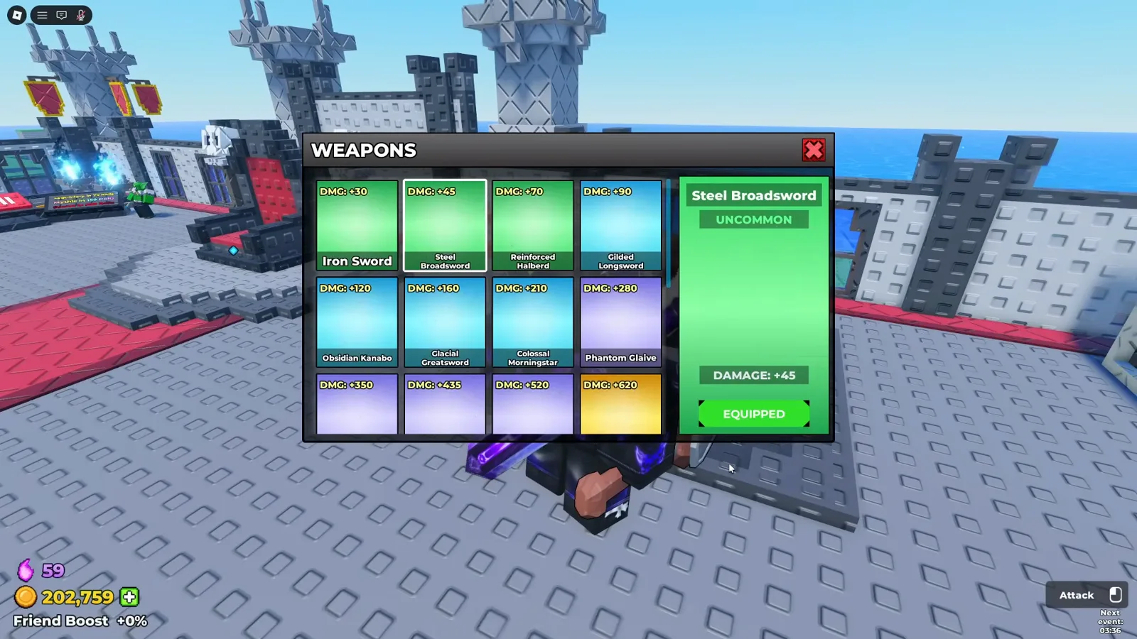 Be The Final Boss WEAPONS shop menu showing the Iron Sword 100 coin and Steel Broadsword 250 coin tiers with the equipped sword damage bonus