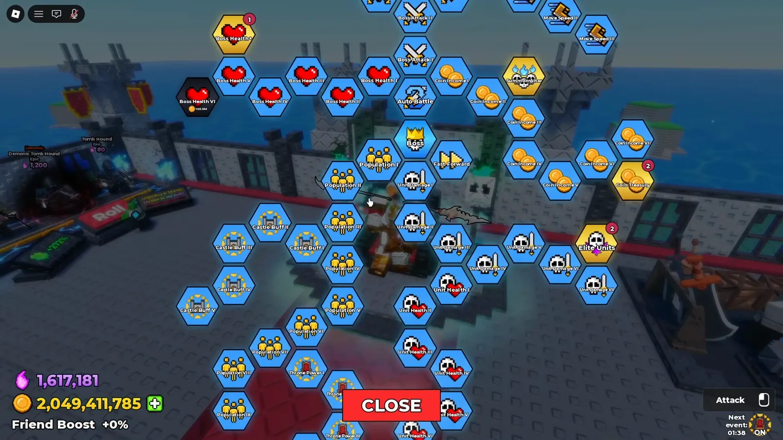 Be The Final Boss skill tree opened over the castle, a grid of hexagonal upgrade nodes for castle buff, population, coins and progression next to a CLOSE button