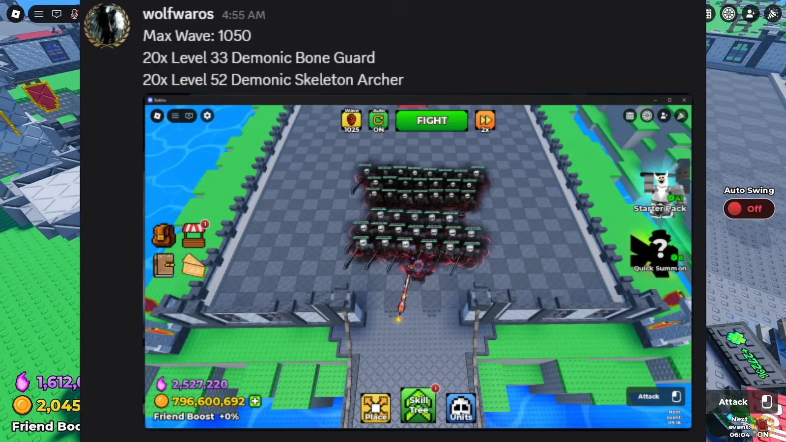 Be The Final Boss max wave 1500 base submission running 20 Demonic Bone Guards level 33 and 20 Demonic Skeleton Archers level 52 in two solid blocks inside a 40 population castle