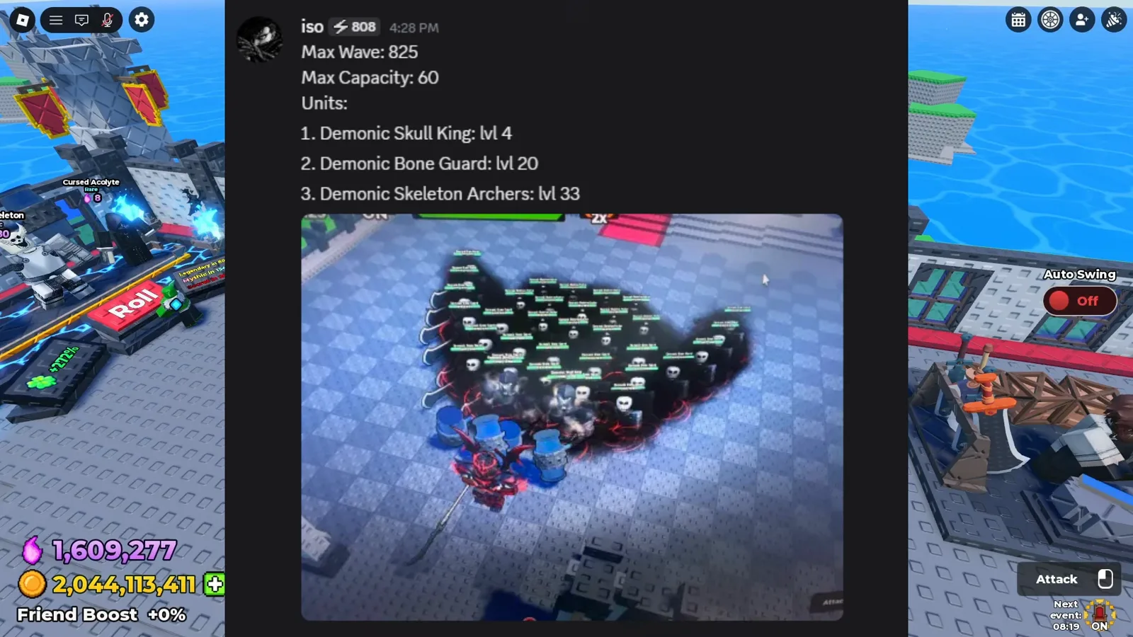 Be The Final Boss wave 825 submission listing Demonic Skull King level 4, Demonic Bone Guard level 20 and Demonic Skeleton Archers level 33 above the player's compact base screenshot