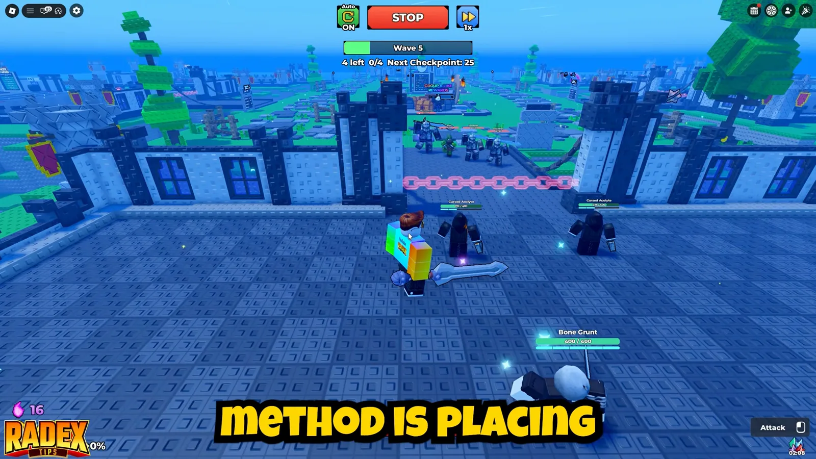 Be The Final Boss front spawn cluster with melee and ranged minions stacked at the enemy gate for AFK farming