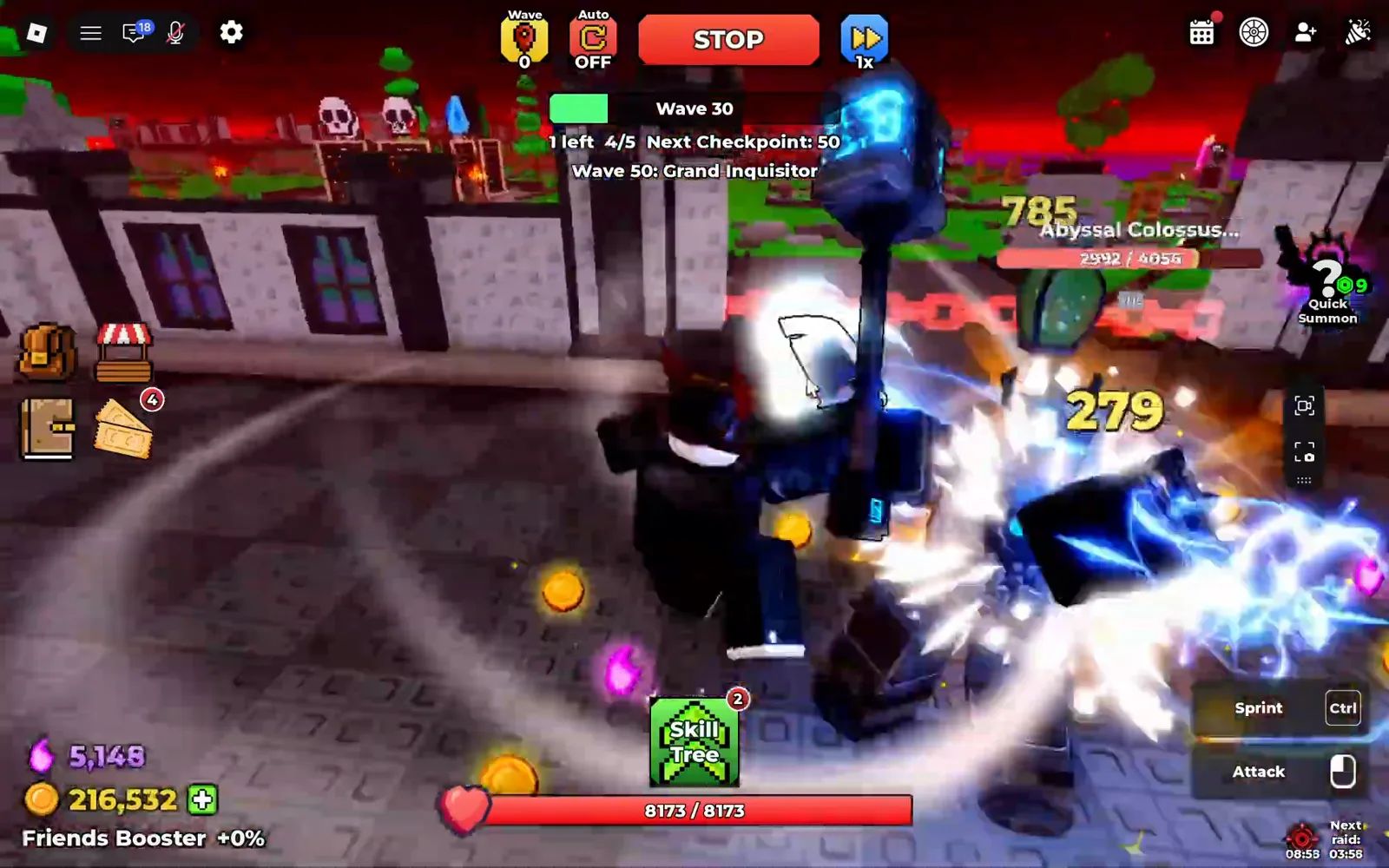 The last enemy of wave 30 in Be The Final Boss wearing a health plate labelled Abyssal Colossus at 2992 of 4055 HP seconds before the Blood Spirits line appears