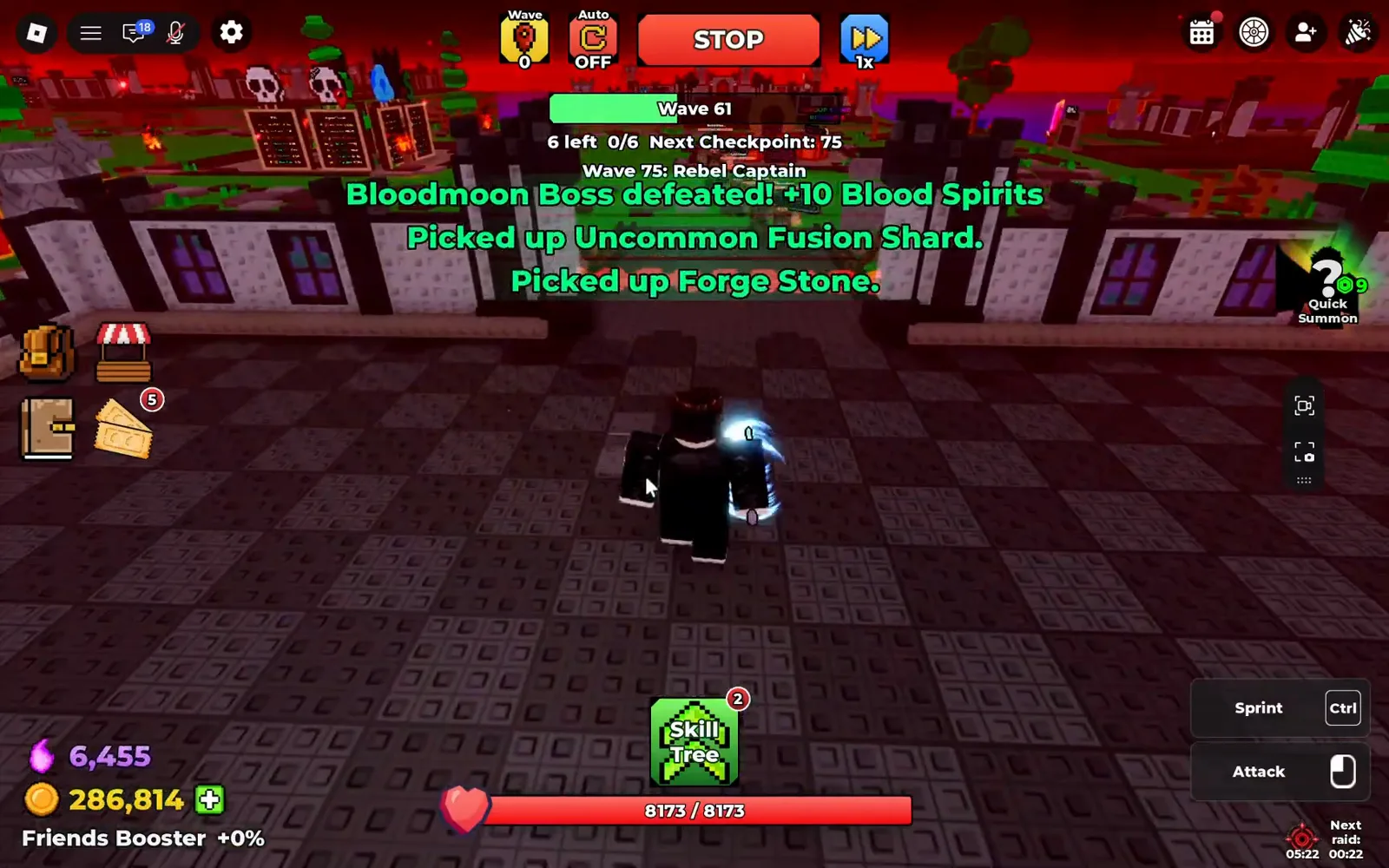 Wave 61 screen in Be The Final Boss stacking the Bloodmoon Boss defeated +10 Blood Spirits line above Picked up Uncommon Fusion Shard and Picked up Forge Stone