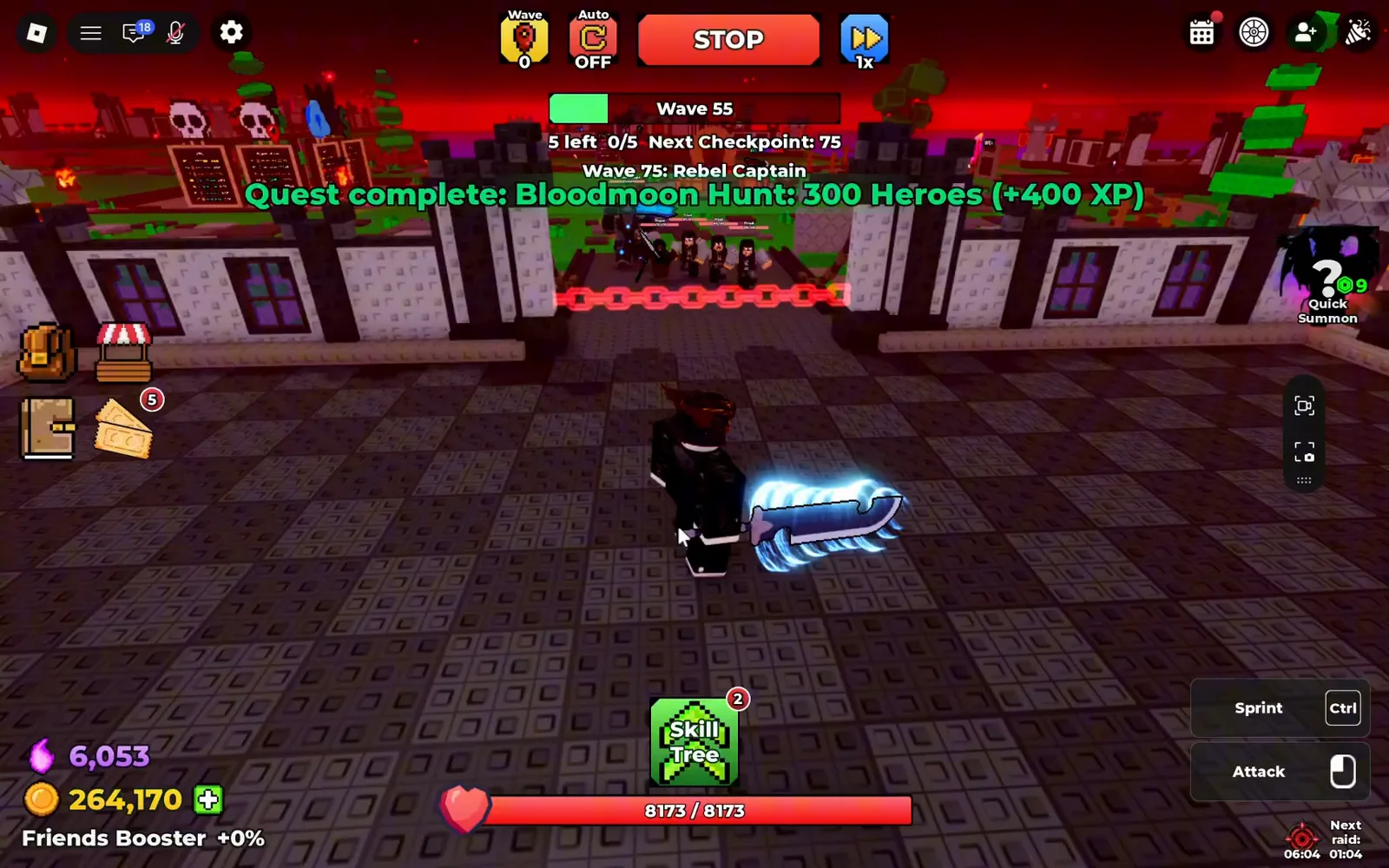 Quest complete banner in Be The Final Boss reading Bloodmoon Hunt: 300 Heroes +400 XP while the HUD shows wave 55 and Next Checkpoint 75