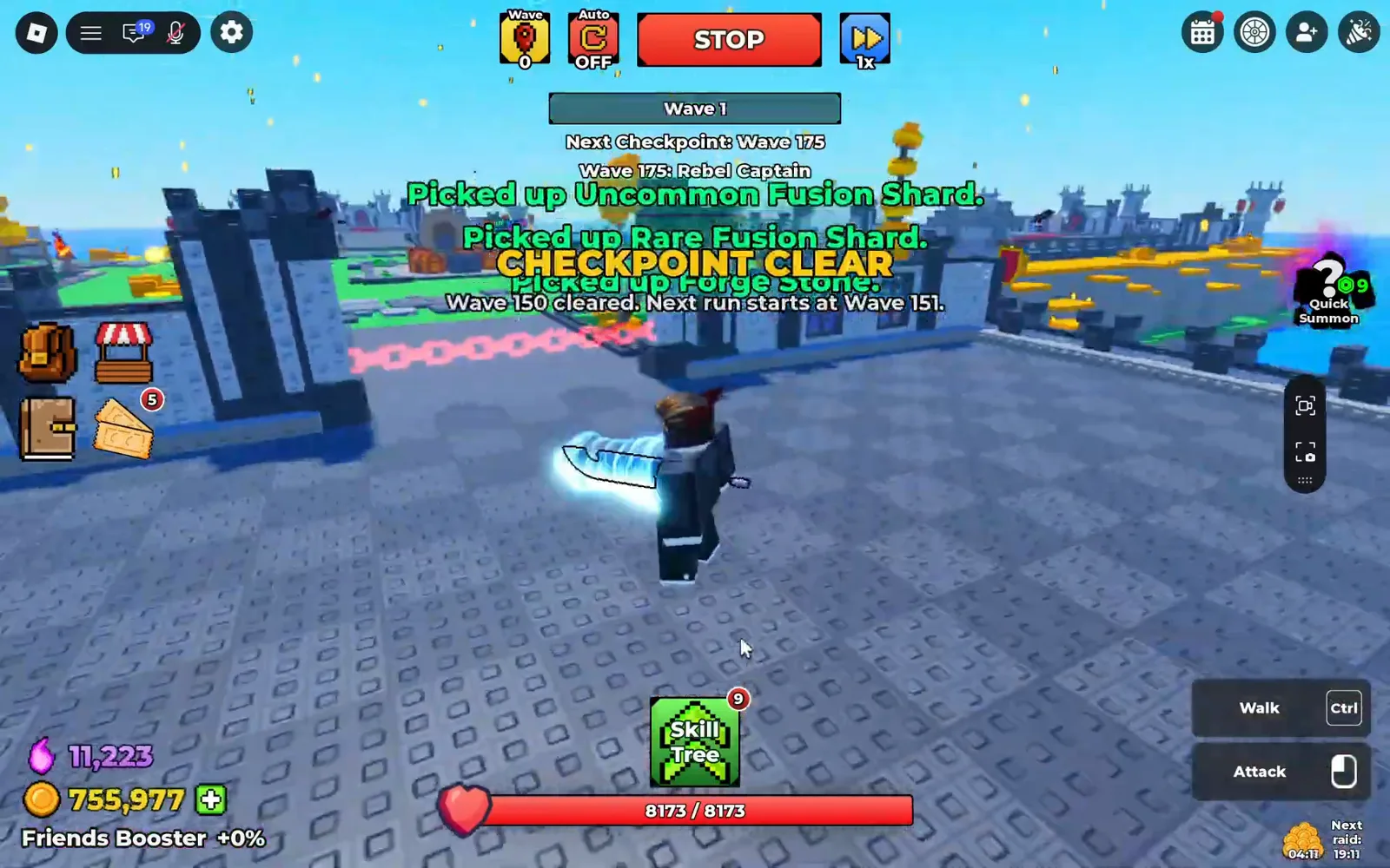 CHECKPOINT CLEAR banner in Be The Final Boss confirming Wave 150 cleared and next run starts at Wave 151 with 755,977 Coins still on the counter
