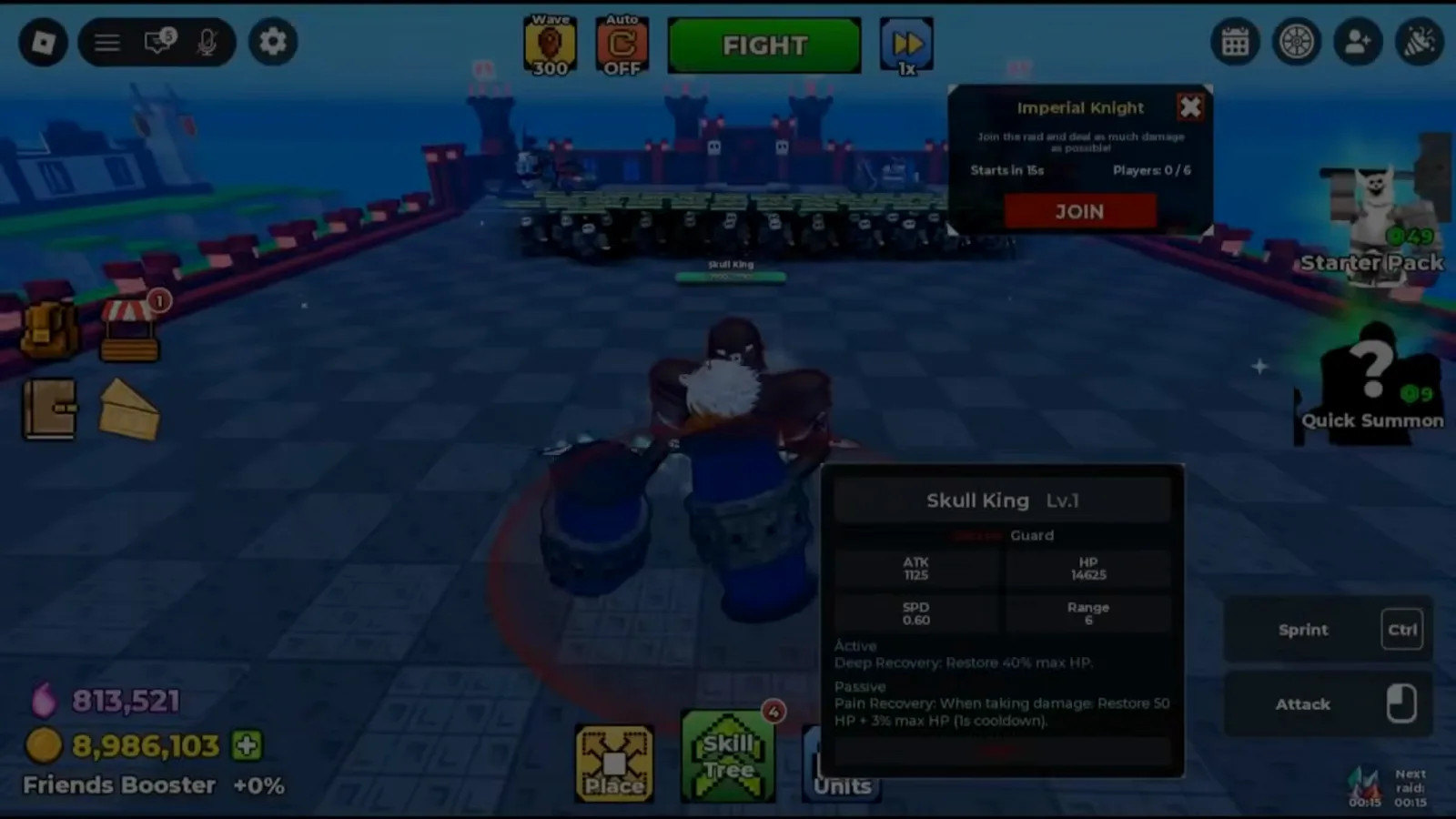 Be The Final Boss Imperial Knight raid announcement panel with the red JOIN button, a Starts in 15 seconds countdown, and a Players 0/6 slot counter
