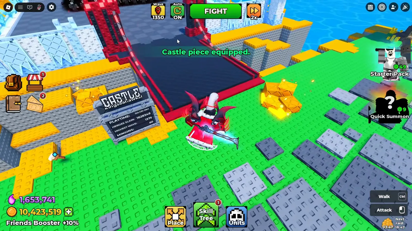 Be The Final Boss Castle piece equipped toast over a red Crimson Castle entrance standing between white Permafrost Palace walls