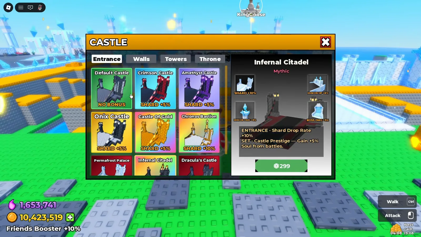 Be The Final Boss Infernal Citadel Mythic castle skin showing its 299 buy price button in the Update 3 customization menu
