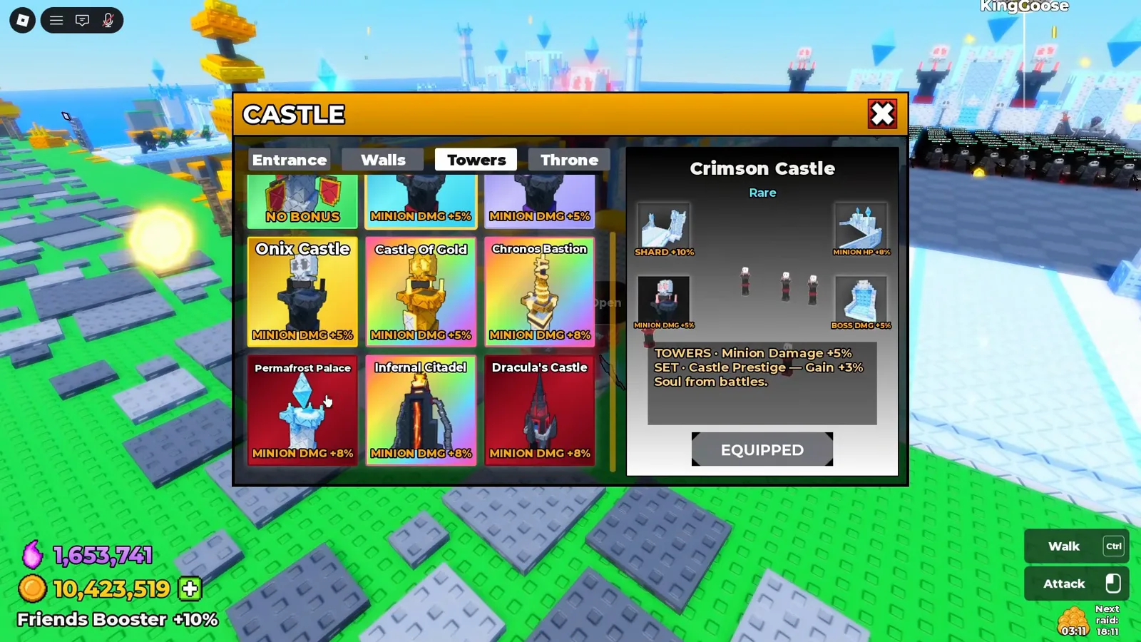Be The Final Boss CASTLE customization menu open on the Towers tab showing the Entrance, Walls, Towers, and Throne sections with nine castle skin cards