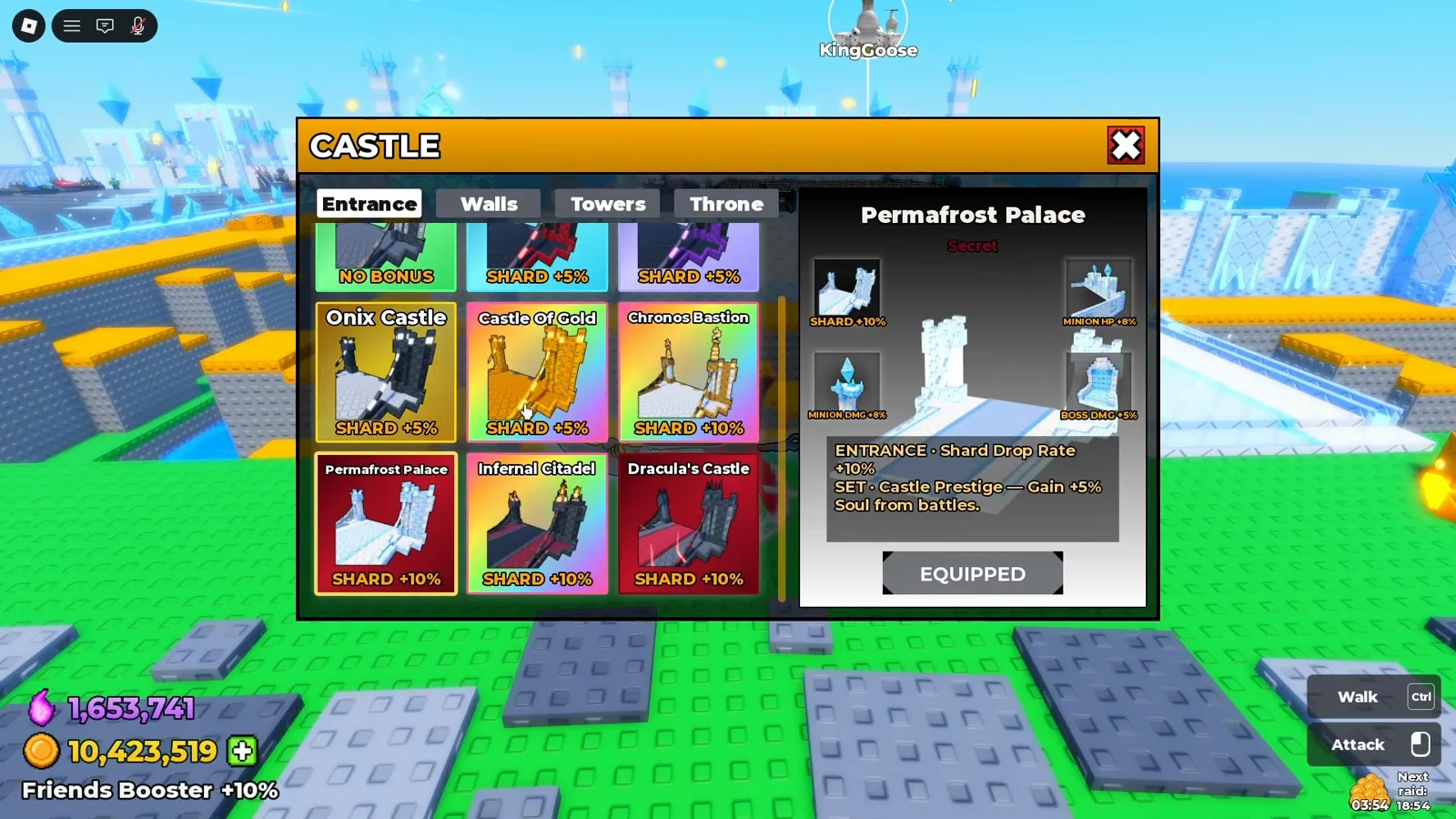 Be The Final Boss Permafrost Palace castle skin preview marked Secret rarity with the Equipped button in the customization menu