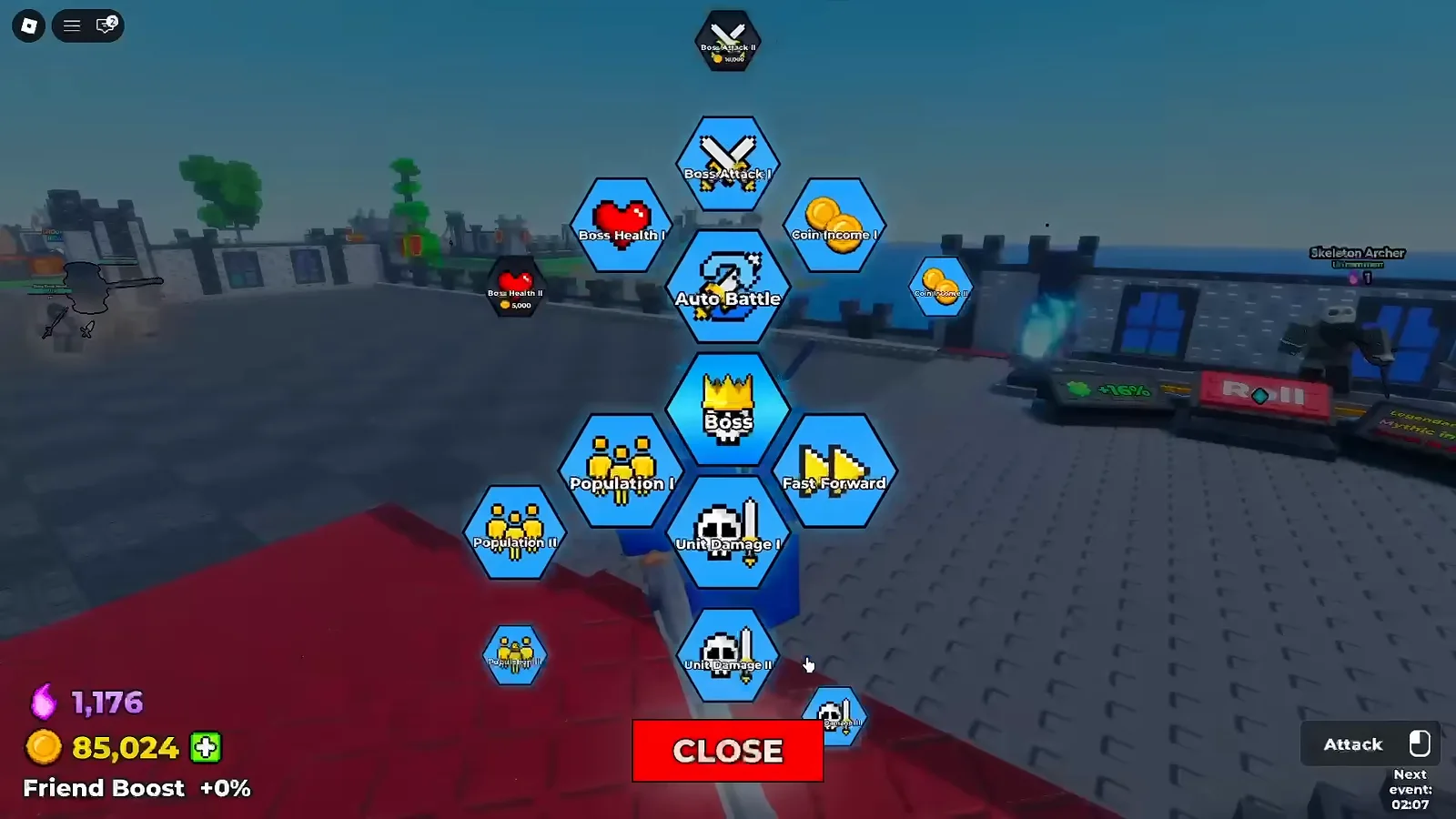 Be The Final Boss skill tree Population I to III and Unit Damage I to III branches beside the Fast Forward node on the castle throne screen