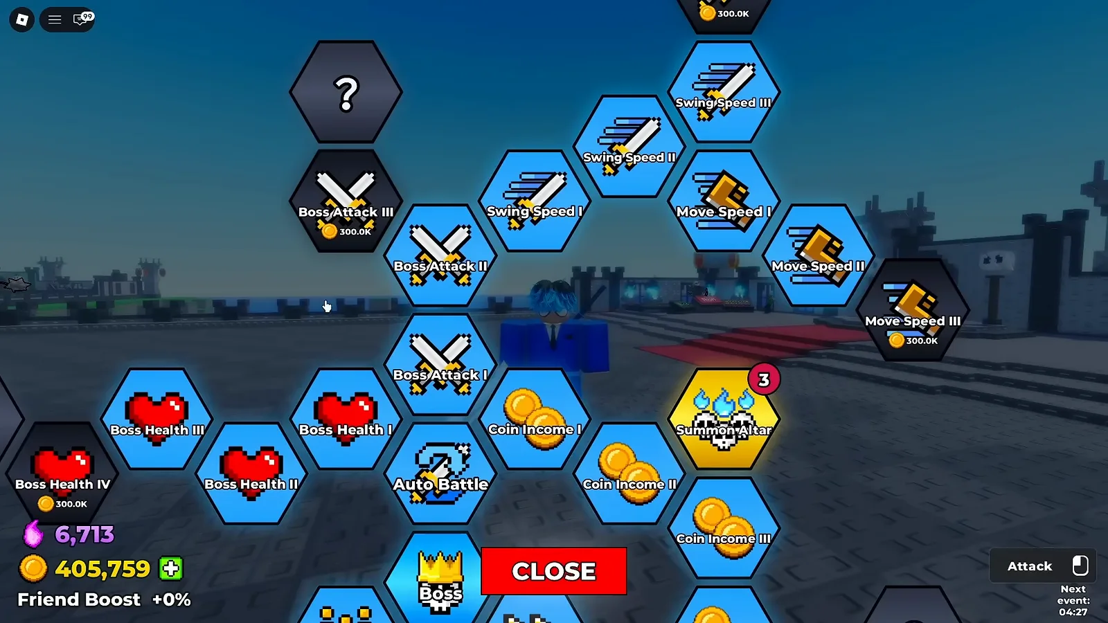 Be The Final Boss full skill tree board with late-tier Boss Attack III, Boss Health IV and Move Speed III nodes priced at 300,000 coins each