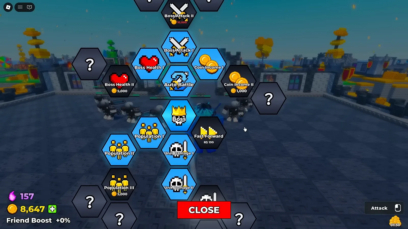 Be The Final Boss skill tree showing early node prices with Coin Income II at 1,000 coins, Boss Health II at 5,000, Boss Attack II at 10,000 and Fast Forward at R$ 199