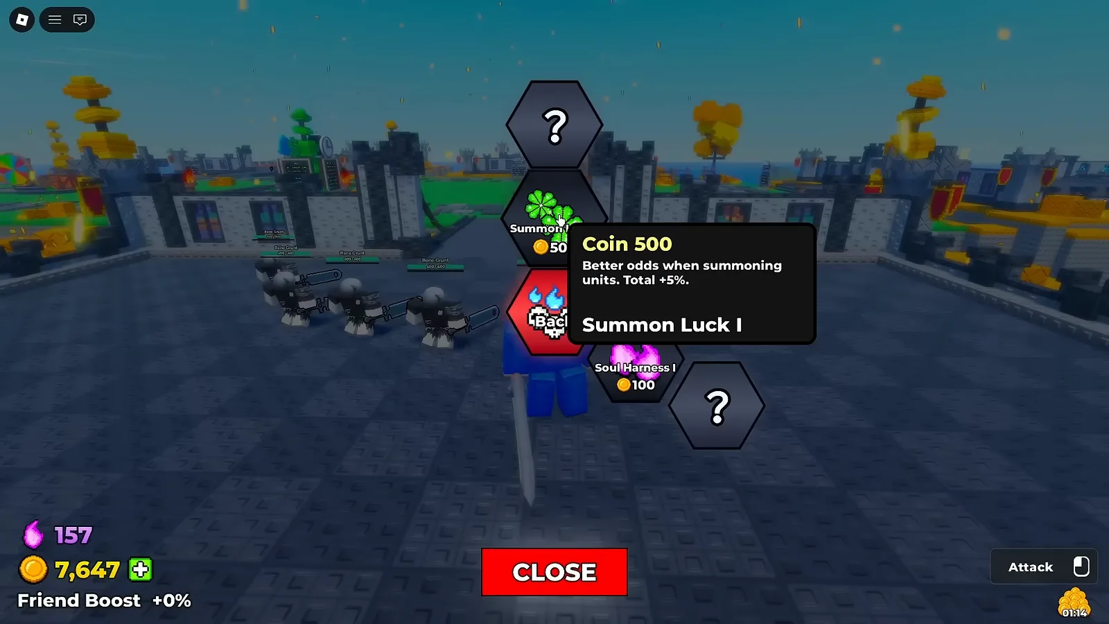 Be The Final Boss Summon Luck I node tooltip in the skill tree showing the Coin 500 cost and the Better odds when summoning units, Roll +50% bonus