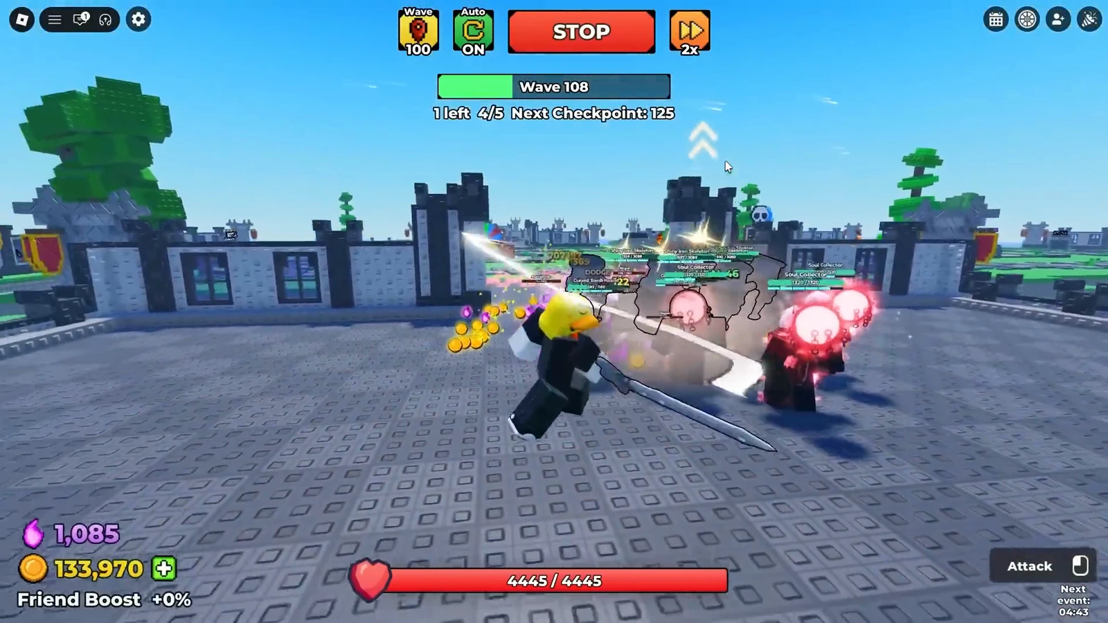 Be The Final Boss late game HUD at Wave 108 showing Next Checkpoint 125 with the Wave 100 badge while auto battle runs at 2x speed deep in a farming run Be The Final Boss late game HUD at Wave 108 showing Next Checkpoint 125 with the Wave 100 badge while auto battle runs at 2x speed deep in a farming run