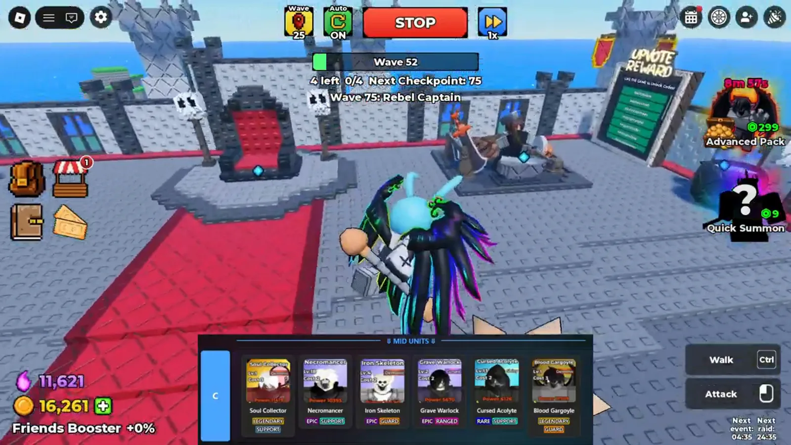 Be The Final Boss castle HUD at Wave 52 naming Wave 75 Rebel Captain as the next checkpoint boss with the Next Checkpoint 75 counter and the Wave 25 run badge Be The Final Boss castle HUD at Wave 52 naming Wave 75 Rebel Captain as the next checkpoint boss with the Next Checkpoint 75 counter and the Wave 25 run badge