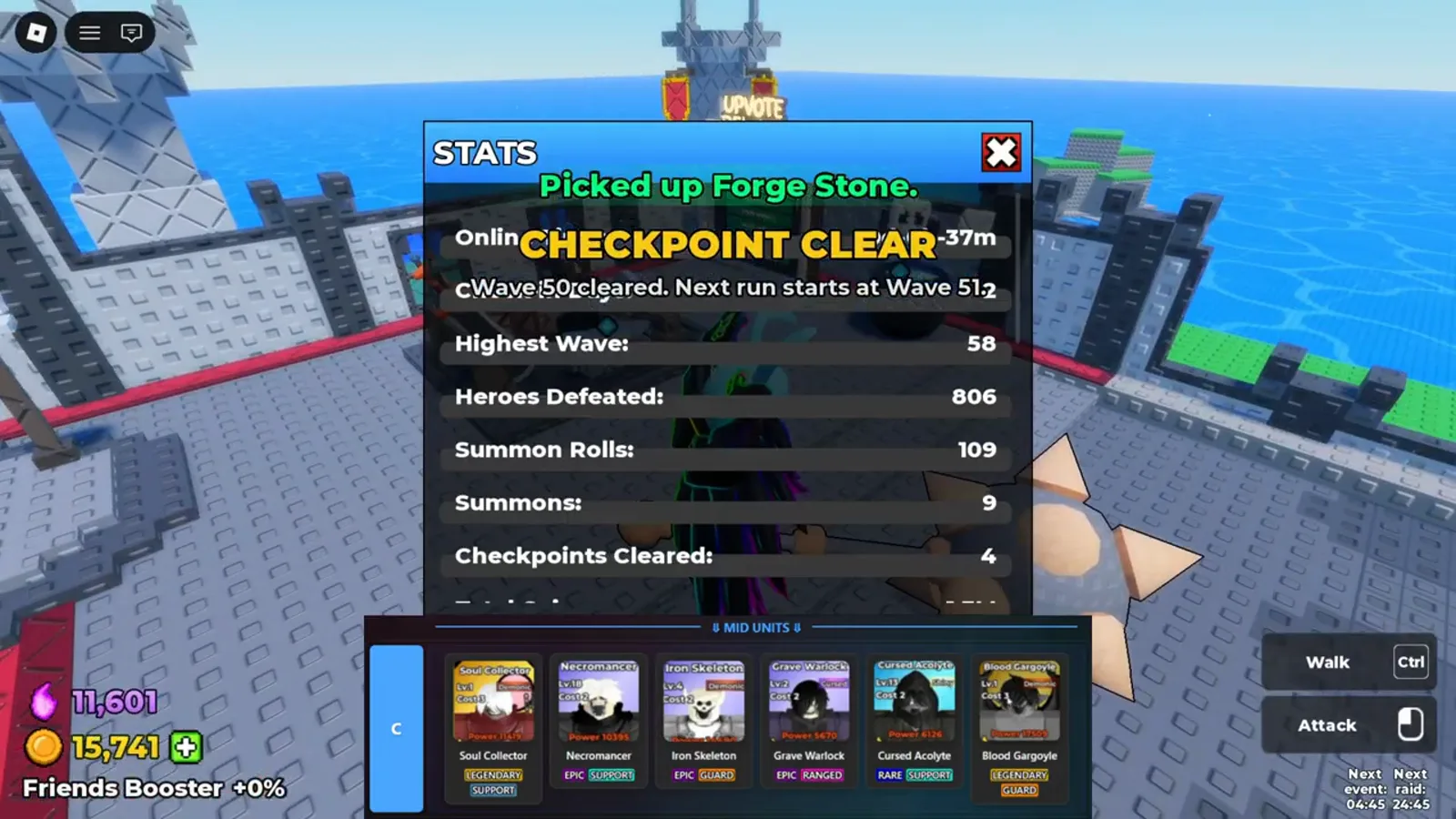 Be The Final Boss STATS panel behind a CHECKPOINT CLEAR Wave 50 cleared Next run starts at Wave 51 notice, listing Highest Wave 58, Heroes Defeated 806, Summon Rolls 109, Summons 9 and Checkpoints Cleared 4 Be The Final Boss STATS panel behind a CHECKPOINT CLEAR Wave 50 cleared Next run starts at Wave 51 notice, listing Highest Wave 58, Heroes Defeated 806, Summon Rolls 109, Summons 9 and Checkpoints Cleared 4