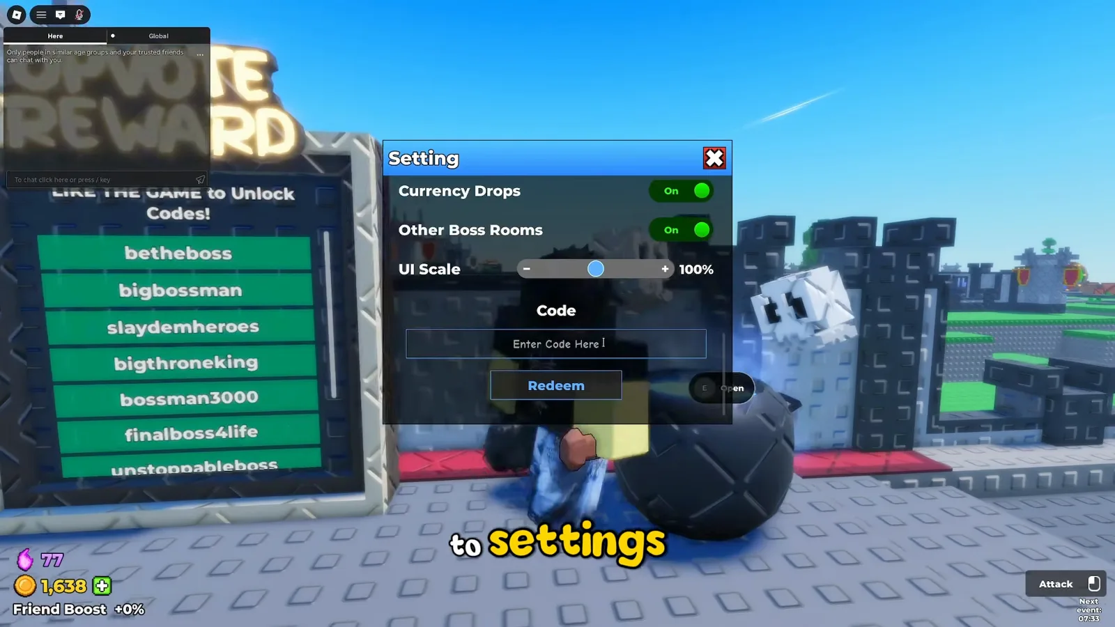 Be The Final Boss Codes Board near the throne showing available redeem codes and upvote rewards in-game Be The Final Boss Codes Board near the throne showing available redeem codes and upvote rewards in-game