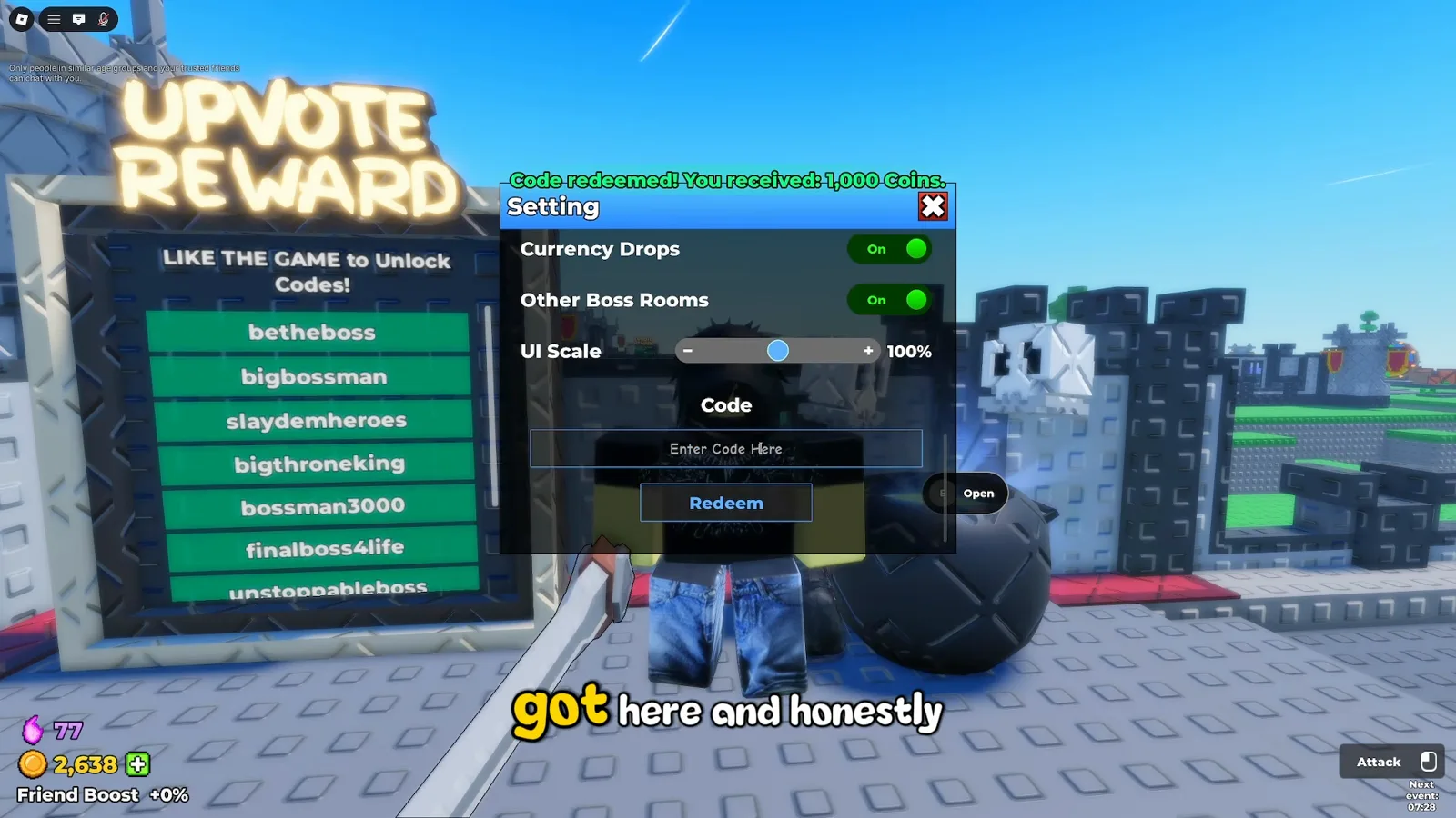 Be The Final Boss settings menu Enter Code Here box after clicking the top-left Gear icon to redeem working codes Be The Final Boss settings menu Enter Code Here box after clicking the top-left Gear icon to redeem working codes