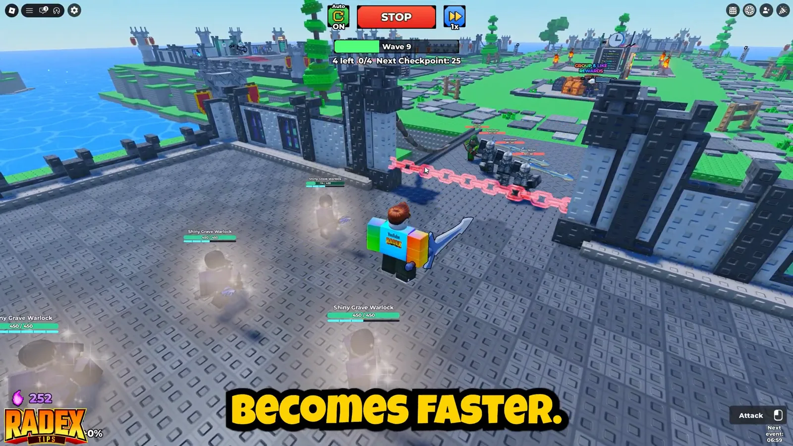 Be The Final Boss Wave 9 castle defense with the green Auto ON badge lit above the STOP button while Shiny Grave Warlock units meet armored heroes at the gate Be The Final Boss Wave 9 castle defense with the green Auto ON badge lit above the STOP button while Shiny Grave Warlock units meet armored heroes at the gate