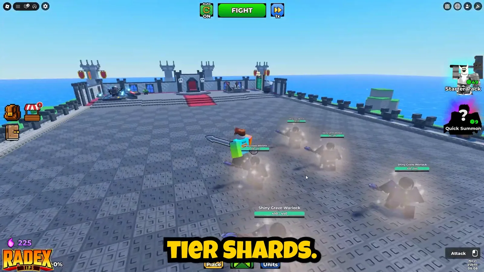Be The Final Boss pre-fight lobby with four Shiny Grave Warlock units placed around the castle, the green FIGHT button ready, and the Starter Pack and Quick Summon panels on the right Be The Final Boss pre-fight lobby with four Shiny Grave Warlock units placed around the castle, the green FIGHT button ready, and the Starter Pack and Quick Summon panels on the right