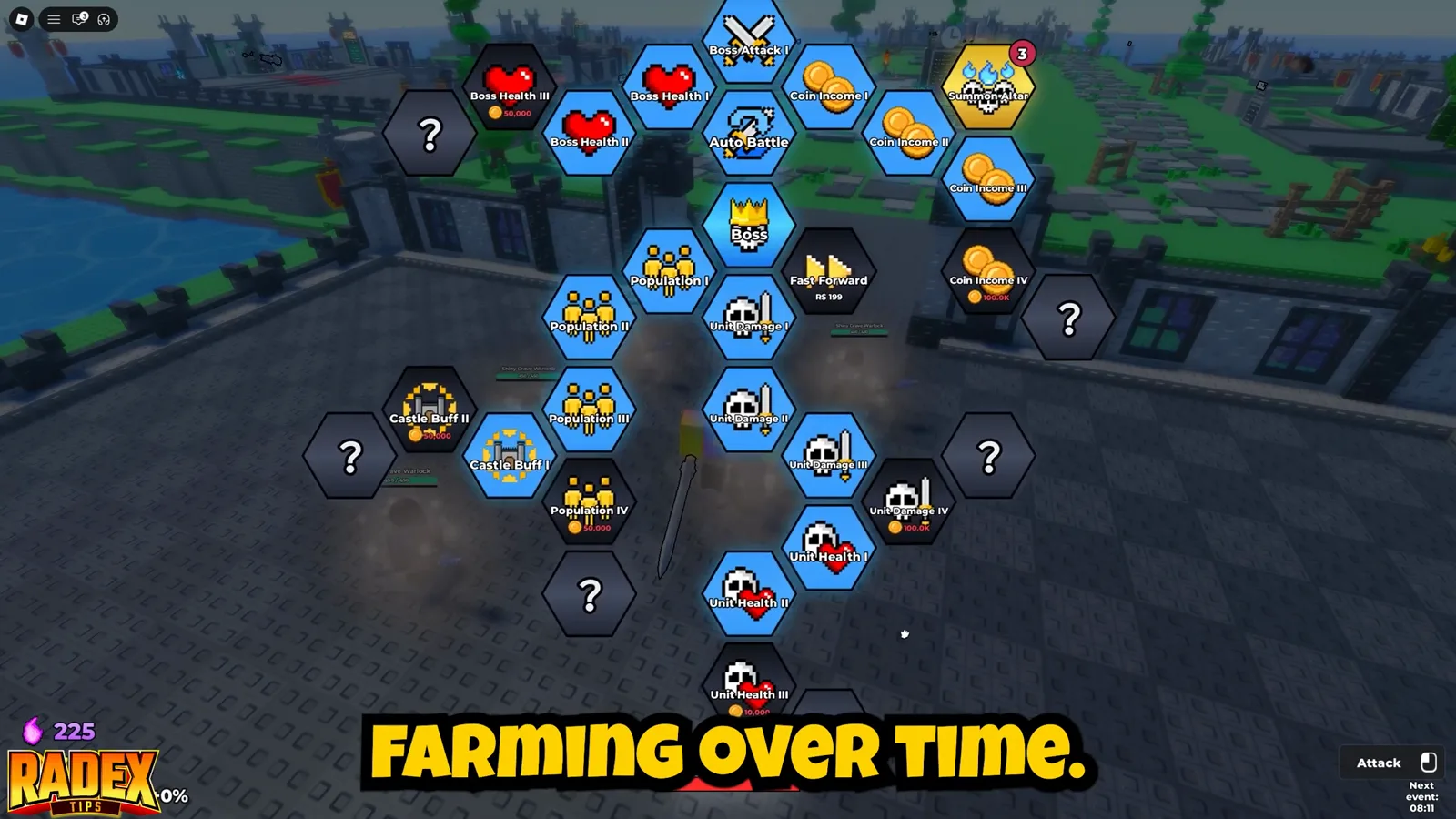 Be The Final Boss skill tree open over the castle with Boss Attack, Boss Health, Coin Income, Auto Battle, Population, and Unit Damage hex nodes around the lit Summon Altar Be The Final Boss skill tree open over the castle with Boss Attack, Boss Health, Coin Income, Auto Battle, Population, and Unit Damage hex nodes around the lit Summon Altar