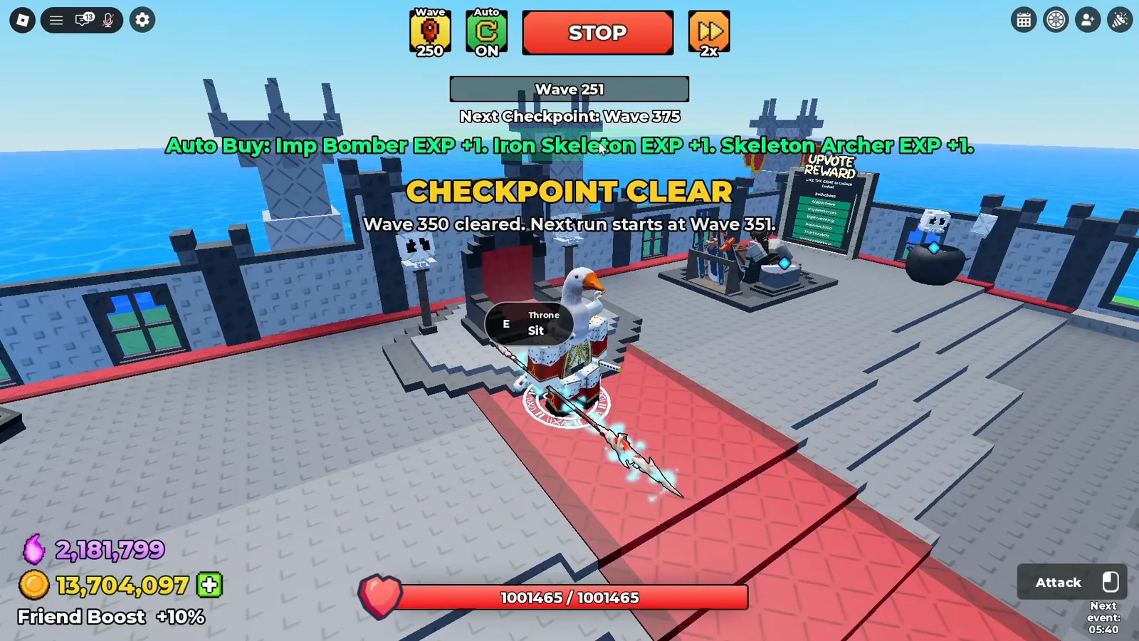 Be The Final Boss player sitting on the throne during AFK farming to multiply coin income from Throne Power upgrades