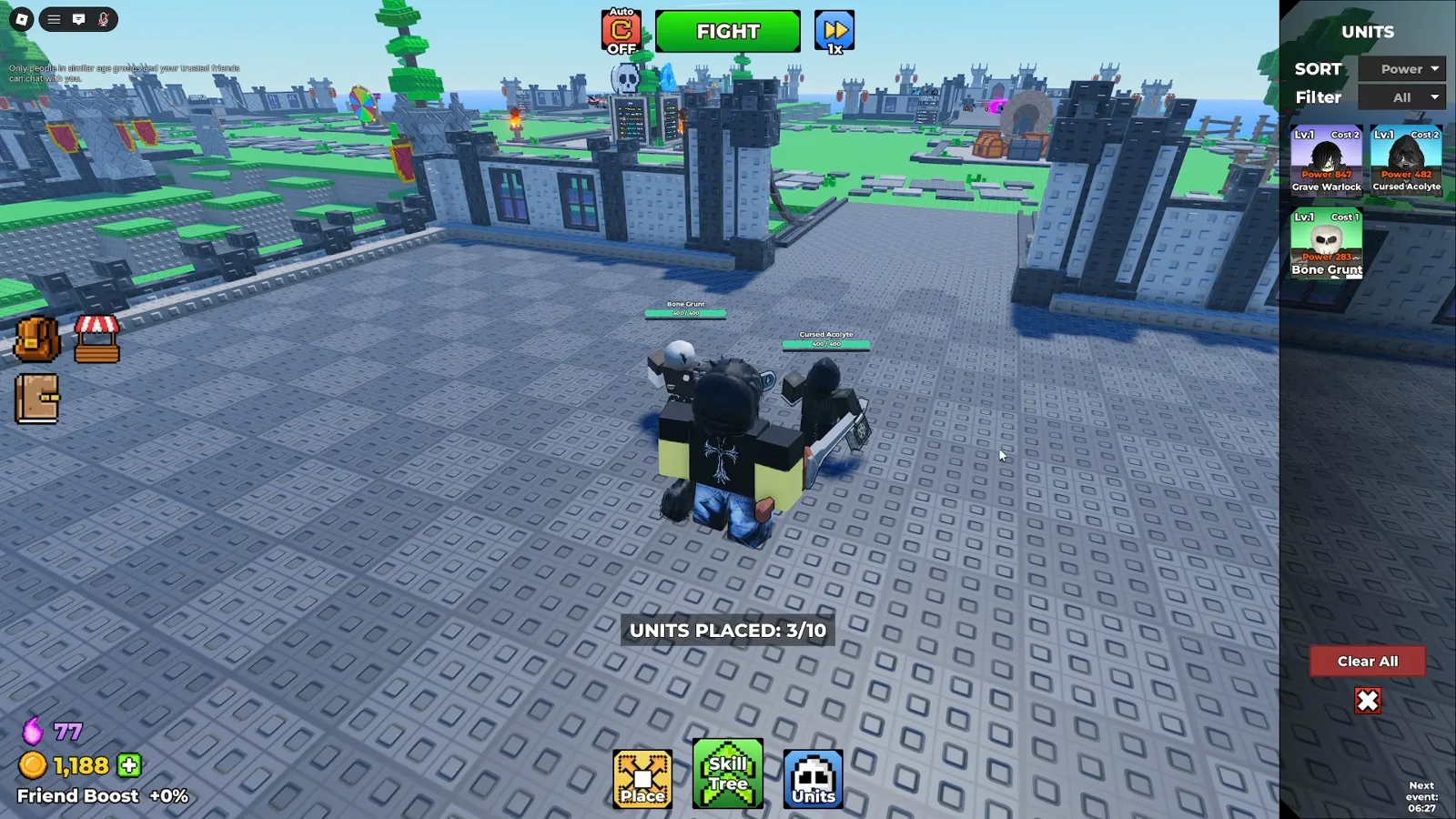 Be The Final Boss AFK coin farm with minions clustered at the spawn entrance during an active hero wave