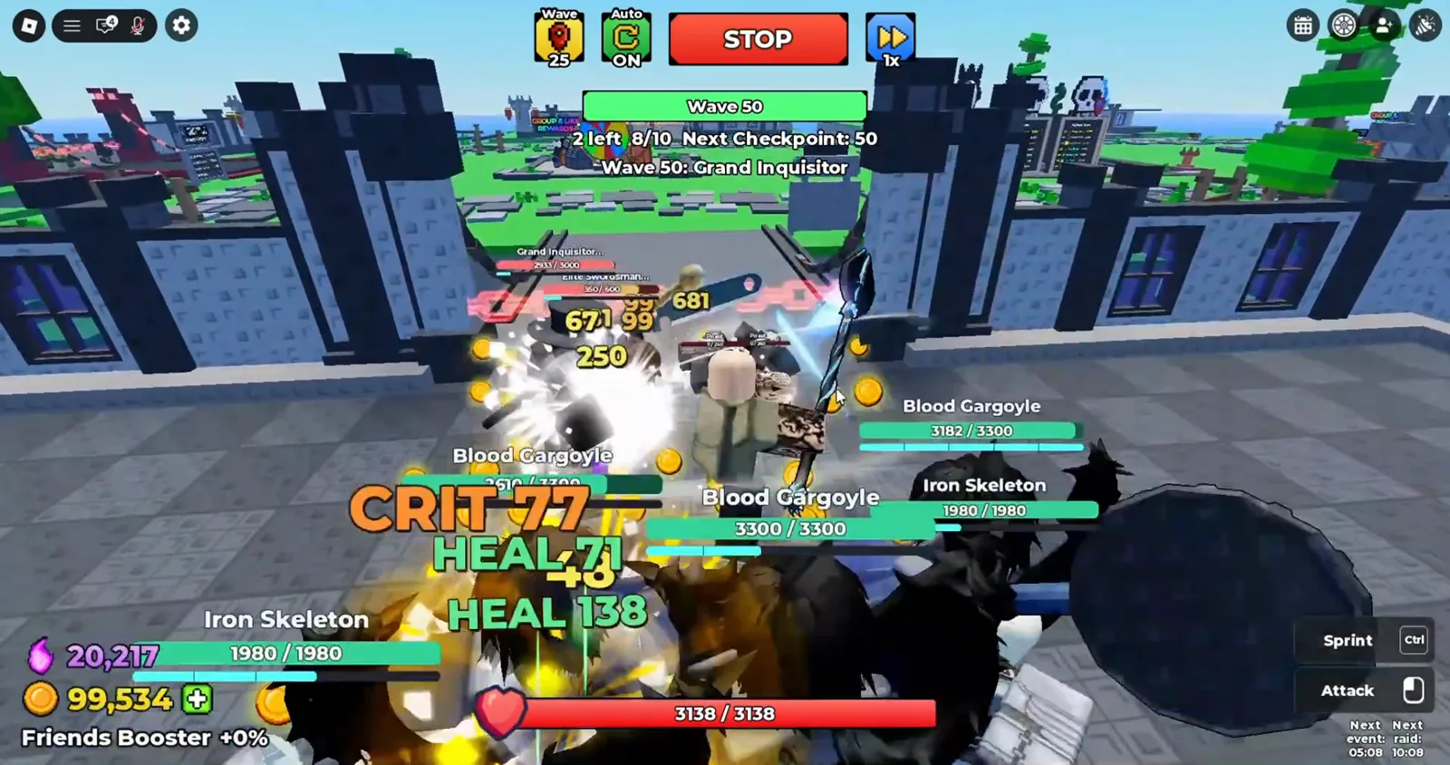 Be The Final Boss Wave 50 checkpoint fight showing the Grand Inquisitor boss bar at 2933 / 3000 beside an Elite Swordsman at 360 / 600 while the boss player takes the hits