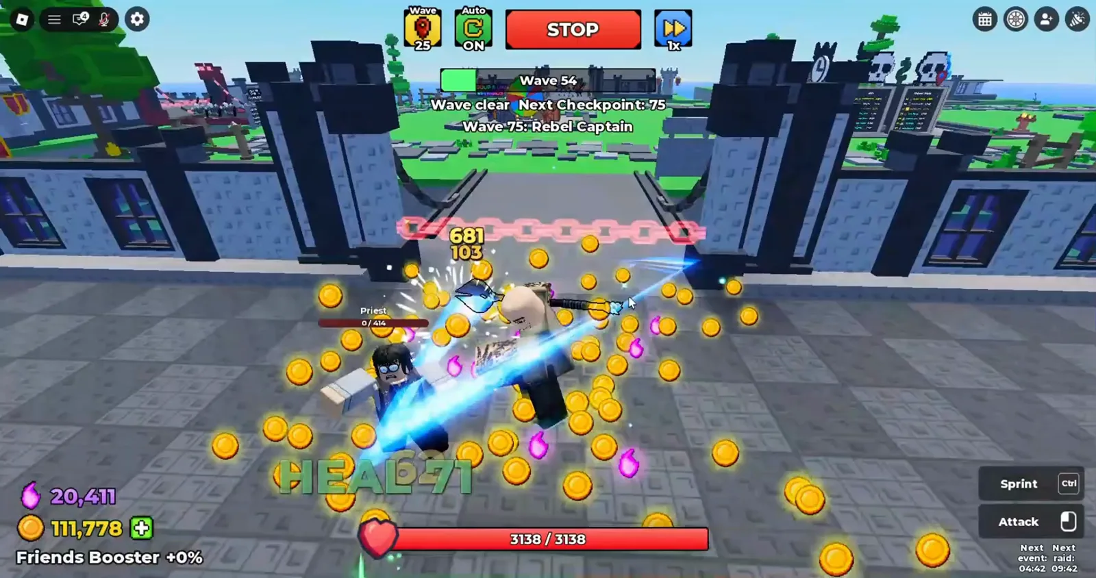Be The Final Boss Priest enemy nameplate drained to 0 / 414 at Wave 54 while the wave HUD has already announced the next boss as Wave 75: Rebel Captain