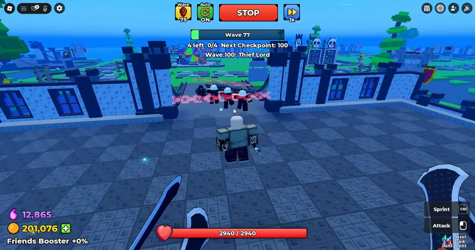 Three Swordsman nameplates reading 464 / 464 arriving at the gate on Wave 77 in Be The Final Boss under a Next Checkpoint 100 banner for the Thief Lord