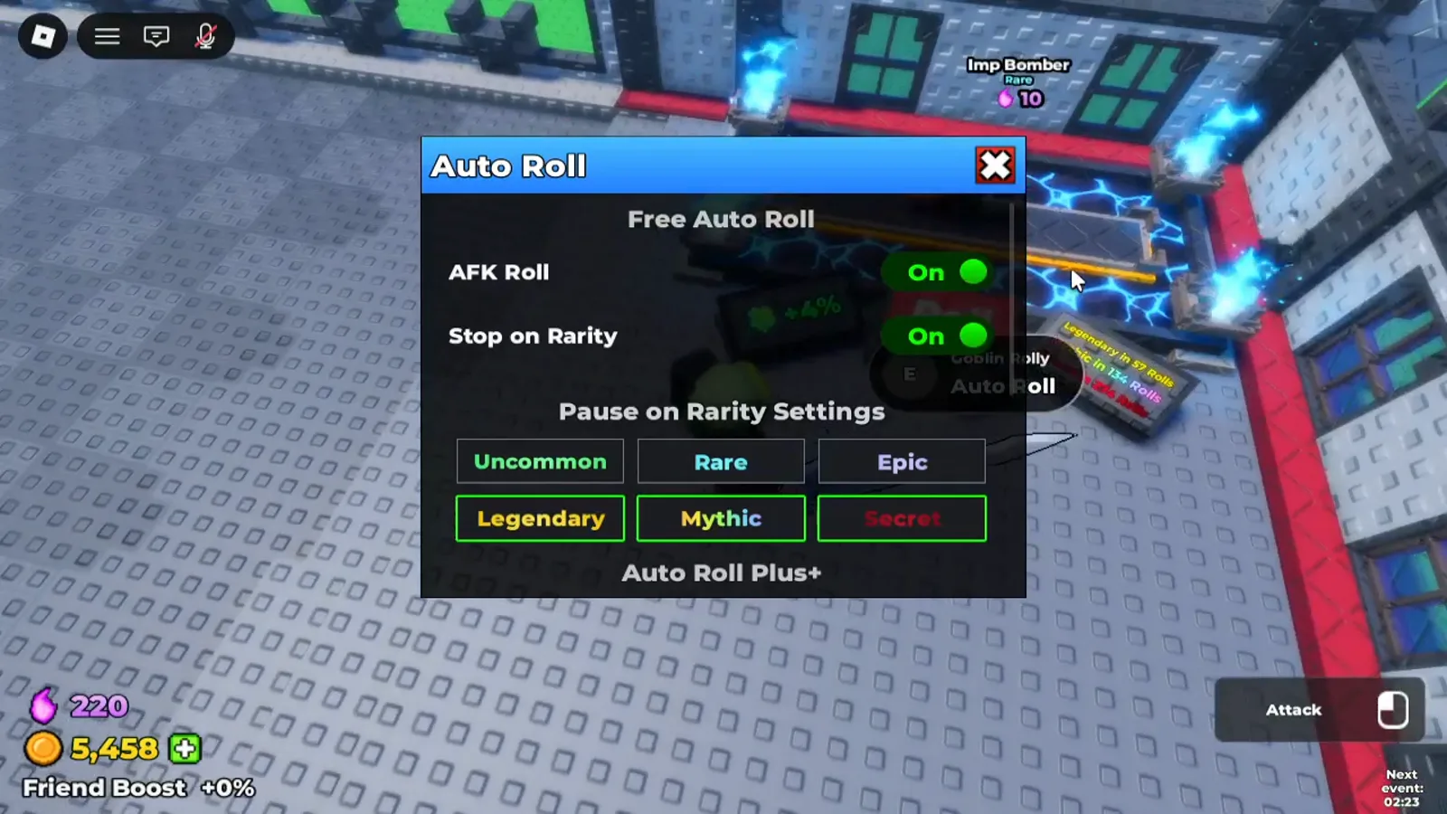 The Auto Roll menu in Be The Final Boss with AFK Roll and Stop on Rarity switched on and Pause on Rarity Settings buttons for Uncommon, Rare, Epic, Legendary, Mythic and Secret The Auto Roll menu in Be The Final Boss with AFK Roll and Stop on Rarity switched on and Pause on Rarity Settings buttons for Uncommon, Rare, Epic, Legendary, Mythic and Secret