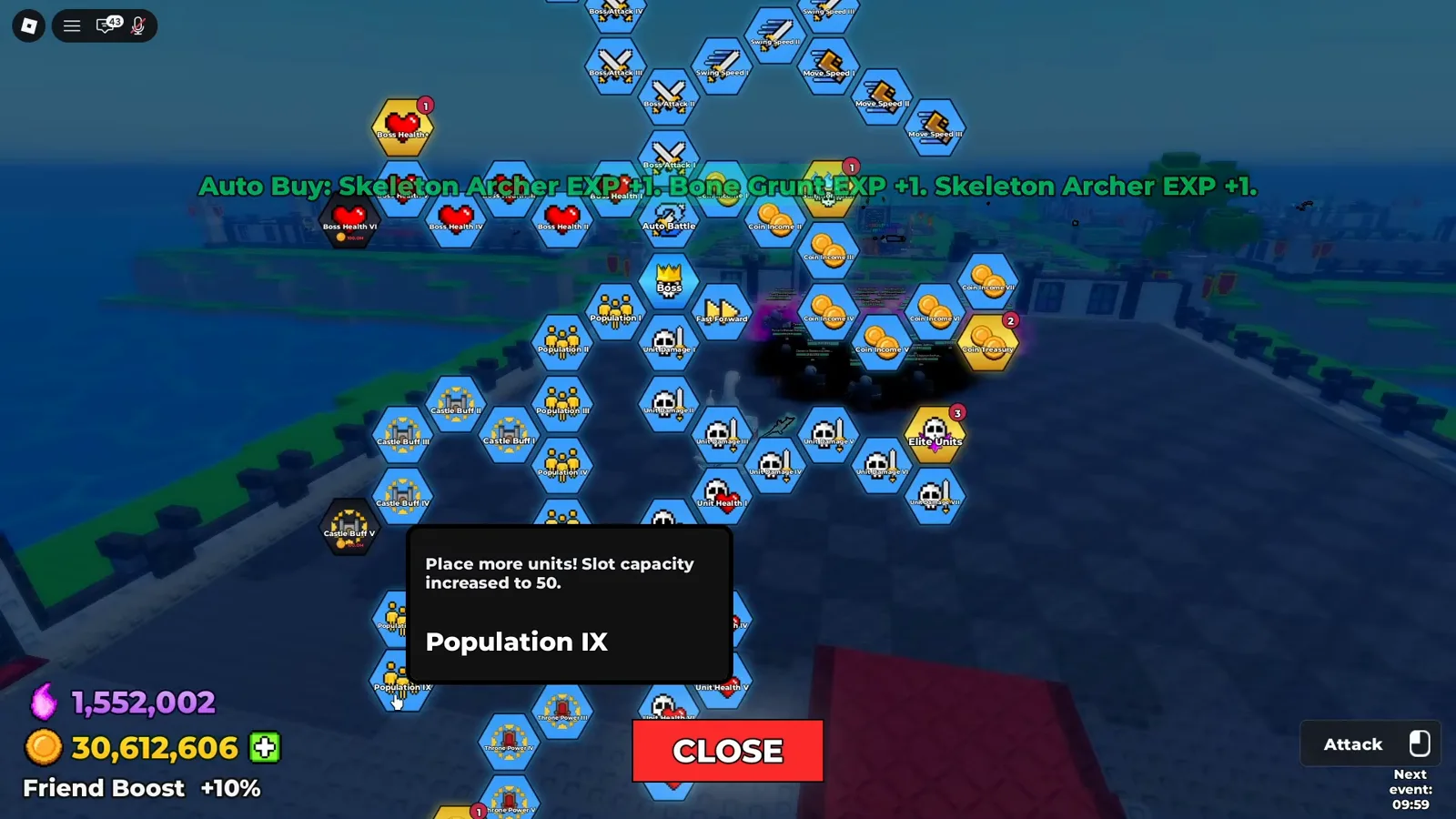 Population IX tooltip in the Be The Final Boss skill tree stating Place more units! Slot capacity increased to 50, the node that decides how many summoned units you can field Population IX tooltip in the Be The Final Boss skill tree stating Place more units! Slot capacity increased to 50, the node that decides how many summoned units you can field
