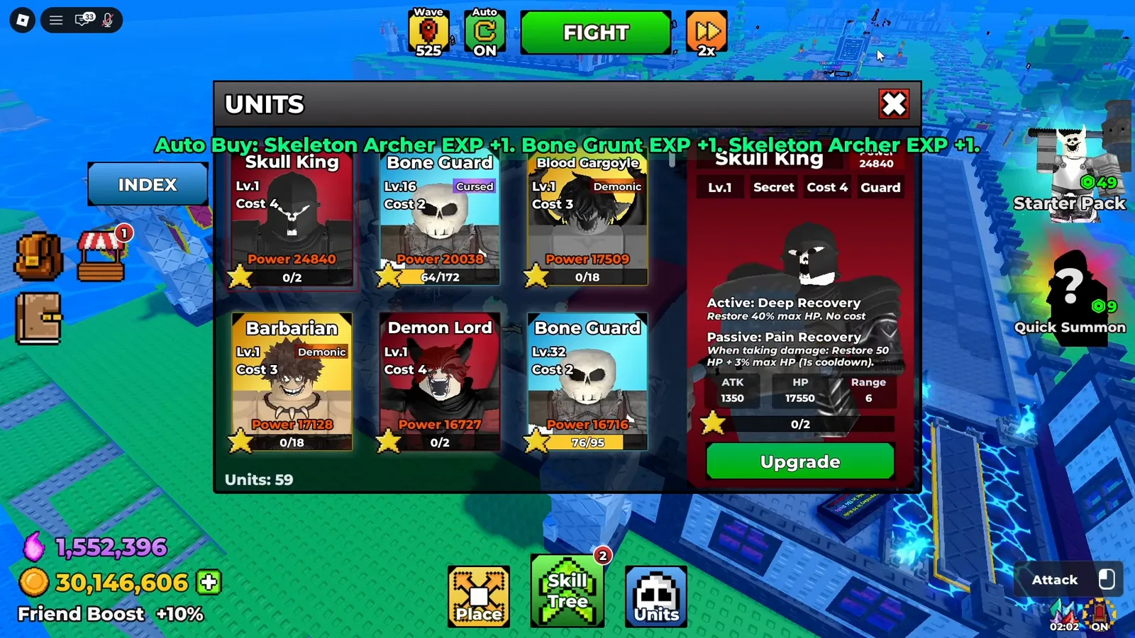 Be The Final Boss UNITS panel listing a level 1 Skull King card marked Secret Cost 4 Guard beside a Cursed Bone Guard and a Demonic Blood Gargoyle, with the roster footer reading Units: 59 Be The Final Boss UNITS panel listing a level 1 Skull King card marked Secret Cost 4 Guard beside a Cursed Bone Guard and a Demonic Blood Gargoyle, with the roster footer reading Units: 59