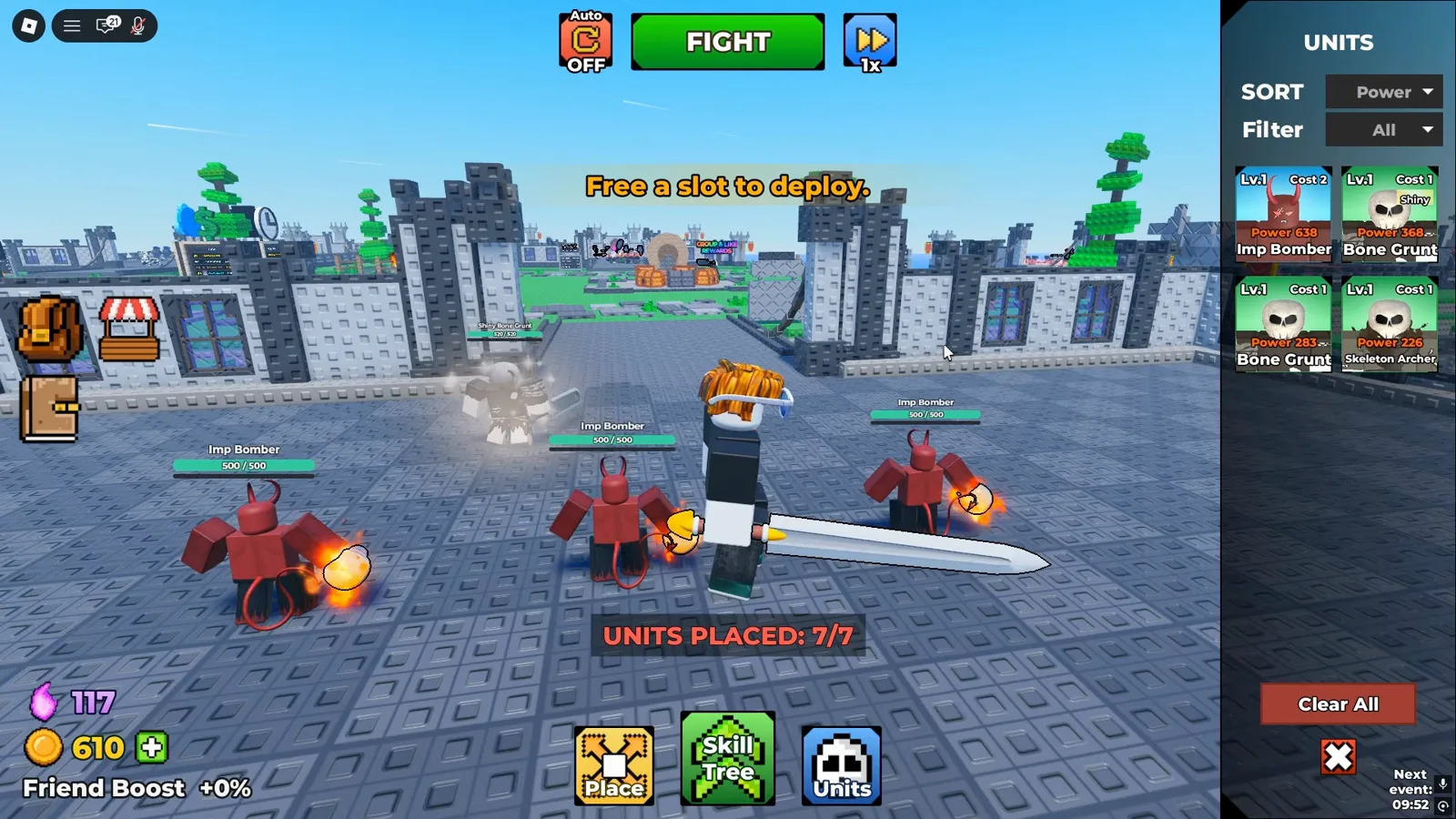 Be The Final Boss base with Imp Bombers and Skeleton Archers placed in a mixed frontline and ranged team formation