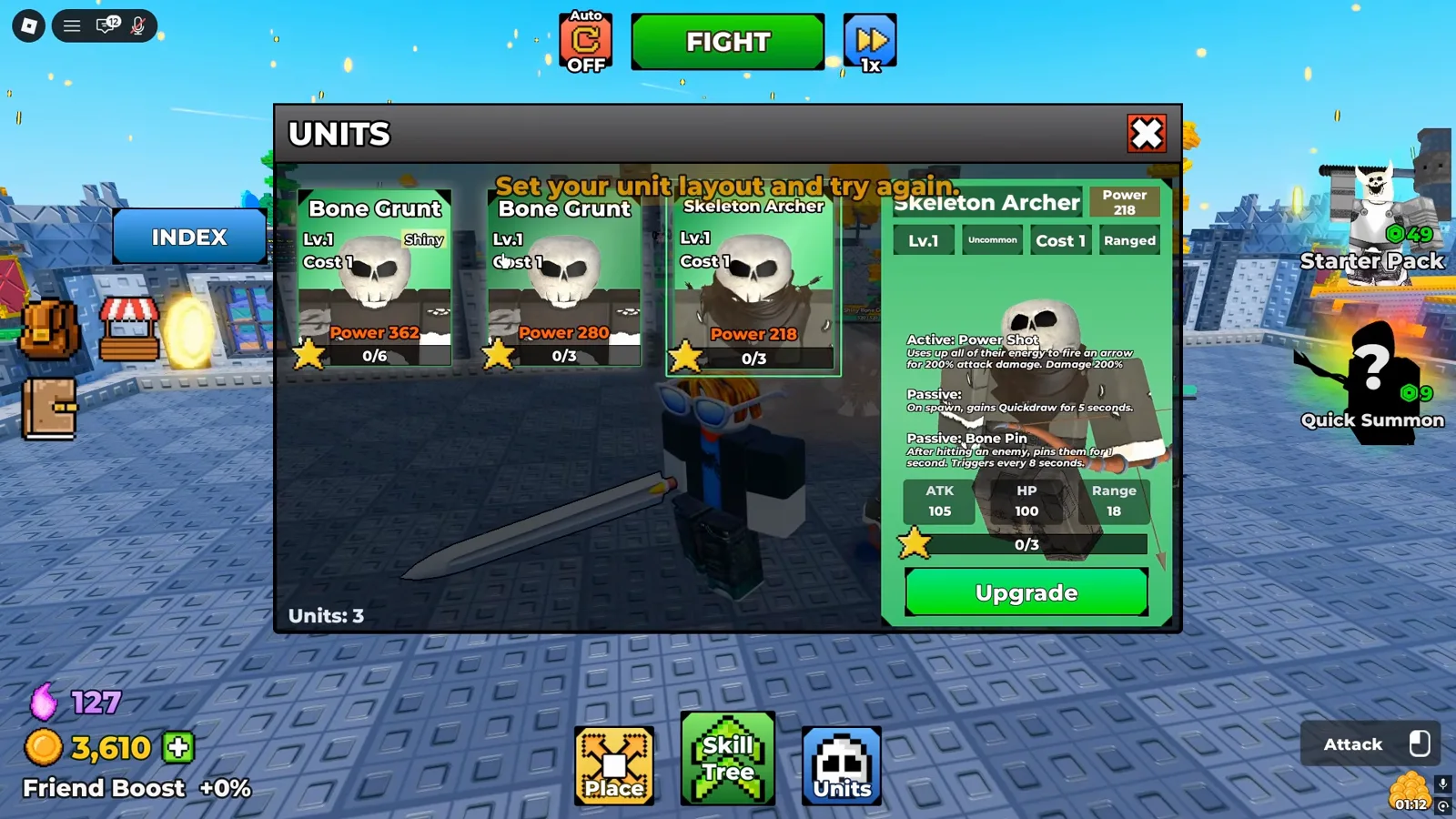 Be The Final Boss UNITS menu with the Skeleton Archer upgrade panel showing star levels and the green Upgrade button